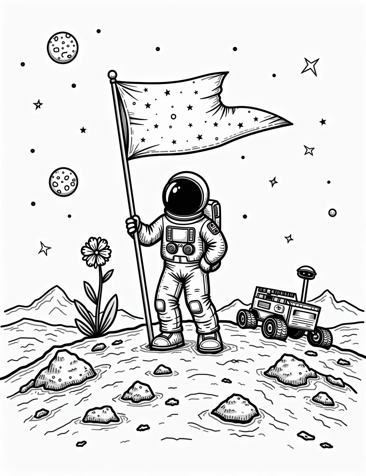 Astronaut Planting Flag on Mars -- prompt: "black lines only Cheerful astronaut plants oversized flag on Mars. Simple outlines depict rocky terrain, craters, distant mountains. Martian sky filled with stars, planets. Astronaut's suit has fun patterns. Flag waves dramatically. Rover in background. Alien plant peeks from behind rock. Coloring book style with bold lines. flat black lines, premium coloring page, coloring sheet, line drawing, Coloring Book, NO COLOR, NO SHADING, WHITE BACKGROUND. NO GRAY, BLACK AND WHITE, NO COLOR" -- Imagine humanity's next giant leap with this inspiring coloring page. An astronaut is depicted planting a flag on the surface of Mars, with the red planet's characteristic landscape stretching out behind them. This page is perfect for dreaming about future space exploration.