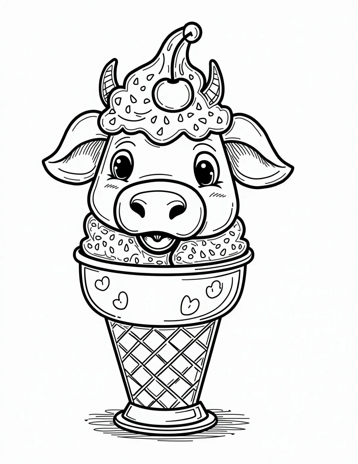 Cow Ice Cream Sundae -- prompt: "black lines only Playful coloring page of a bovine-inspired ice cream sundae. Bold outlines frame scoops forming cow's face. Wafer cone ears, cherry nose, and chocolate syrup eyes. Sprinkles create spots. Swirls of whipped cream for fur. Background features simple, fun dairy motifs. flat black lines, premium coloring page, coloring sheet, line drawing, Coloring Book, NO COLOR, NO SHADING, WHITE BACKGROUND. NO GRAY, BLACK AND WHITE, NO COLOR" -- This sweet coloring page features an ice cream sundae with a cow theme. The ice cream scoops are arranged to look like a cow's face, complete with ears and a nose. It's a creative and appetizing design that combines food art with animal themes.