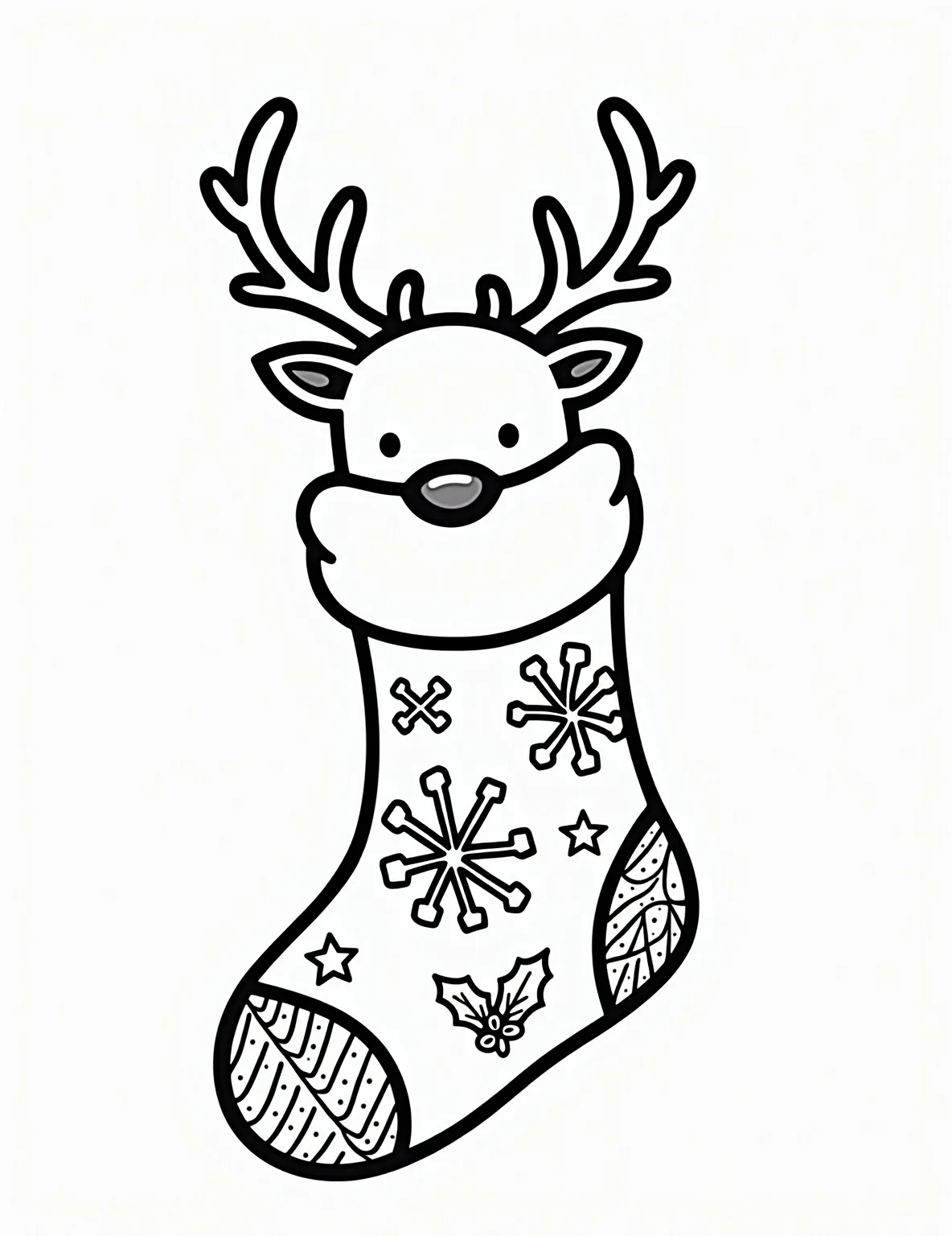 Reindeer's Stocking Coloring Page -- prompt: "black lines only Jolly Christmas stocking reimagined as a reindeer, with bold antlers and a plump red nose. Snowflakes and festive patterns adorn its body in thick, black outlines. Perfect for coloring, this playful design features simple shapes and cheerful holiday motifs, inviting creative expression. flat black lines, premium coloring page, coloring sheet, line drawing, Coloring Book, NO COLOR, NO SHADING, WHITE BACKGROUND. NO GRAY, BLACK AND WHITE, NO COLOR" -- This adorable page showcases a reindeer-themed stocking. The stocking features a cute reindeer face at the top, complete with antlers and a red nose. The body of the stocking is decorated with snowflakes and holiday patterns.