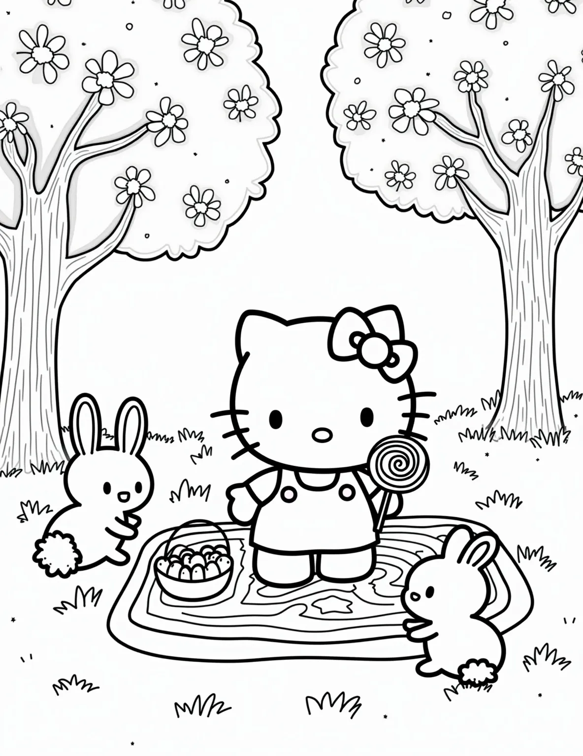 Hello Kitty's Easter Picnic -- prompt: "black lines only Hello Kitty's Easter picnic coloring page: Cheerful outlines of Kitty and friends beneath cherry blossoms. Bold, simple shapes depict Easter eggs, baskets, and treats. Playful bunnies hop around. Large, easy-to-color spaces with dotted patterns inside. Gentle curves and rounded edges throughout. flat black lines, premium coloring page, coloring sheet, line drawing, Coloring Book, NO COLOR, NO SHADING, WHITE BACKGROUND. NO GRAY, BLACK AND WHITE, NO COLOR" -- Enjoy a spring day with Hello Kitty in this picnic-themed coloring page. She's seated on a checkered blanket under a blossoming tree, with a picnic basket full of Easter treats. Her friends are joining her, making it a perfect Easter gathering.