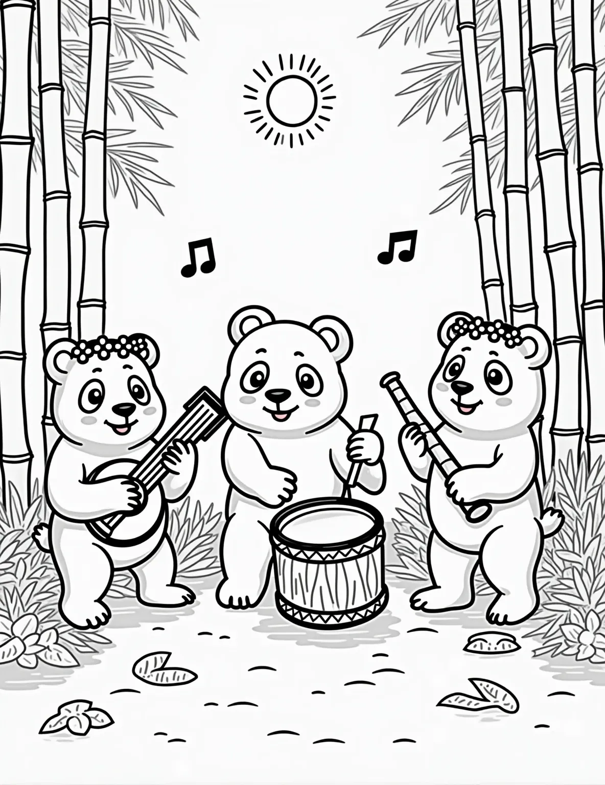 Panda's Bamboo Instrument Orchestra Coloring Page -- prompt: "black lines only Playful panda orchestra in bamboo forest. Bold outlines frame chubby bears strumming, drumming, and tooting. Simplified shapes for easy coloring. Musical notes float around. Pandas wear flower crowns. Bamboo instruments sprout leaves. Smiling sun peeks through trees. Zen garden background with flat black lines, premium coloring page, coloring sheet, line drawing, Coloring Book, NO COLOR, NO SHADING, WHITE BACKGROUND. NO GRAY, BLACK AND WHITE, NO COLOR" -- Strike up the band with this musical coloring page featuring a group of pandas playing bamboo instruments. The scene includes pandas with flutes, drums, and xylophones made from bamboo. This page offers a chance to explore various shades of brown for the instruments and add musical notes to the air.