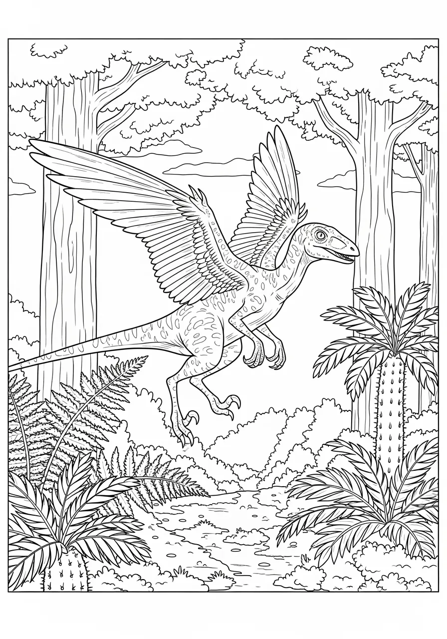 Tiny Microraptor Gliding Between Trees Coloring Page -- prompt: "black lines only Fun coloring book page featuring cheerful Microraptor dinosaur with bold black outlines, four spread wings gliding joyfully between tall prehistoric ferns and cycad trees, simple clean lines, child-friendly design, educational paleontology theme flat black lines, premium coloring page, coloring sheet, line drawing, Coloring Book, NO COLOR, NO SHADING, WHITE BACKGROUND. NO GRAY, BLACK AND WHITE, NO COLOR" -- Discover this remarkable feathered dinosaur as it glides gracefully between ancient trees using its four wings. The Microraptor represents the fascinating link between dinosaurs and modern birds, with beautiful feather details throughout its body. This unique coloring page showcases the incredible diversity of dinosaur species and their amazing adaptations for different lifestyles.