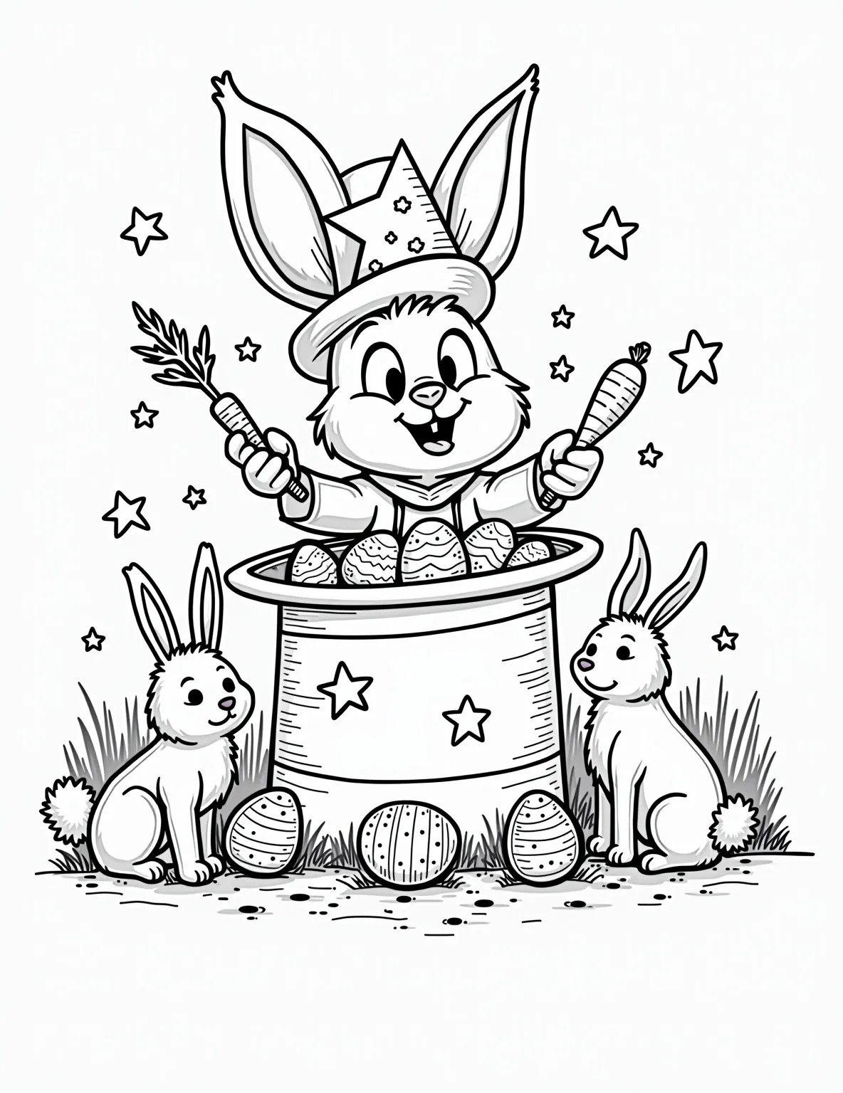 Easter Bunny's Magic Hat Trick -- prompt: "black lines only Easter Bunny magician, oversized ears poking through top hat, pulls colorful eggs and carrots from hat. Wide-eyed rabbit, squirrel, and bird spectators with exaggerated expressions. Bold outlines, simple shapes, large empty spaces for coloring. Playful scene for children's activity book. flat black lines, premium coloring page, coloring sheet, line drawing, Coloring Book, NO COLOR, NO SHADING, WHITE BACKGROUND. NO GRAY, BLACK AND WHITE, NO COLOR" -- Marvel at the Easter Bunny's magical abilities in this enchanting coloring page. The bunny magician is shown pulling not just a rabbit, but an assortment of Easter goodies out of a top hat. Amazed animal spectators and floating Easter eggs surrounded by magic sparkles complete this whimsical scene.