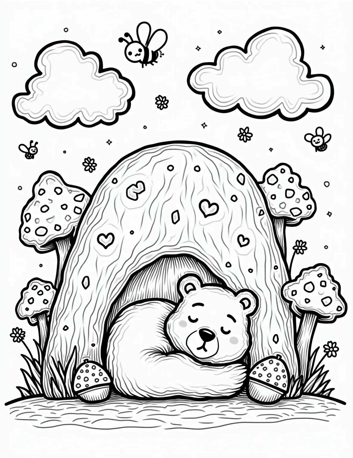 Sleepy Bear's Winter Dreams -- prompt: "black lines only Chunky-outlined bear snoozes peacefully in cozy cave, curled up on soft ground. Fluffy dream clouds float above, filled with simple spring scenes: blooming flowers, buzzing bees, leafy trees. Bold, thick lines perfect for coloring. Playful woodland background with mushrooms and acorns. flat black lines, premium coloring page, coloring sheet, line drawing, Coloring Book, NO COLOR, NO SHADING, WHITE BACKGROUND. NO GRAY, BLACK AND WHITE, NO COLOR" -- Snuggle up with this cozy coloring page featuring a bear deep in hibernation. The bear is curled up in a warm den, surrounded by soft leaves and twinkling dream bubbles filled with images of spring. This charming scene is ideal for teaching children about animal habits and the changing seasons.