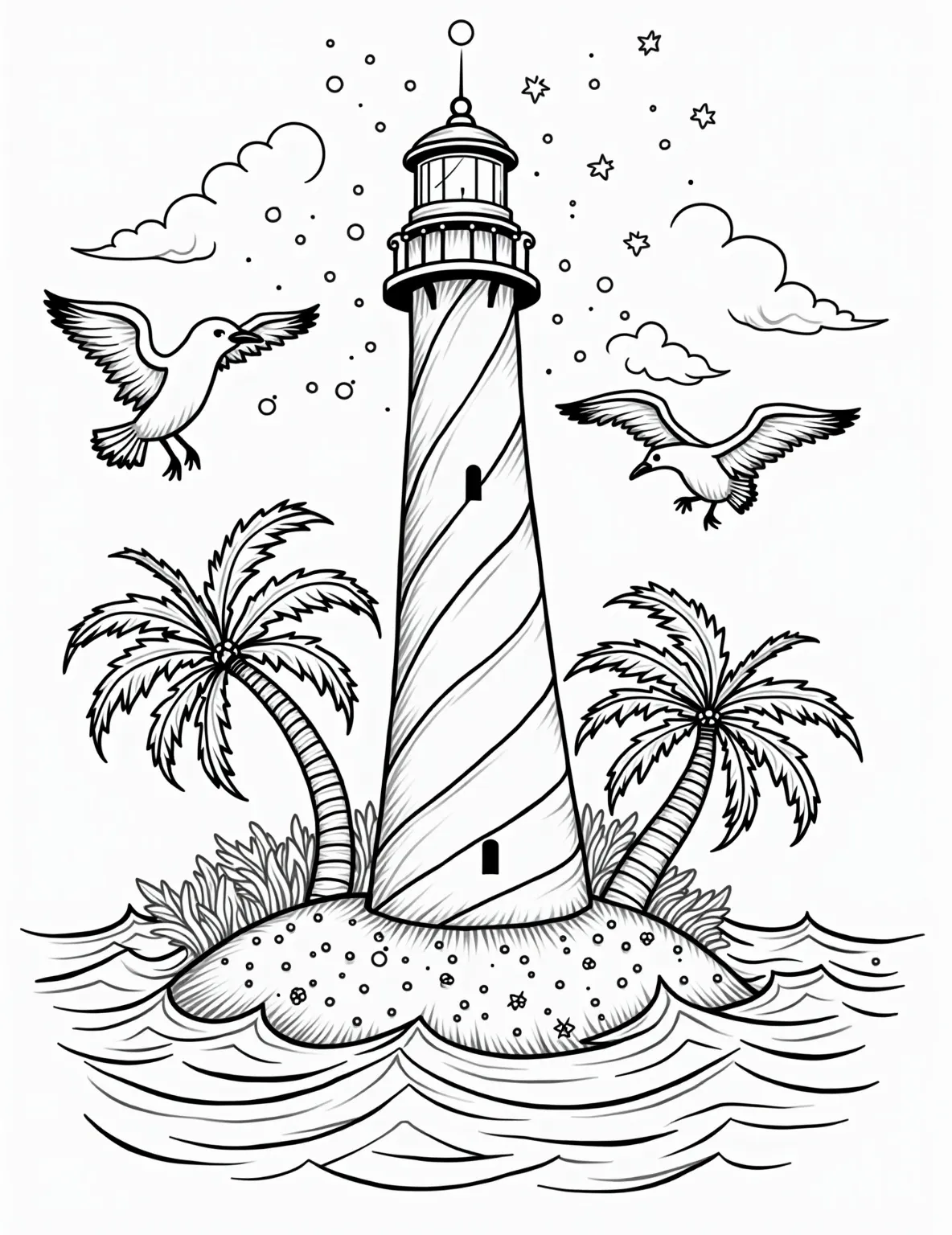 Festive Lighthouse with Christmas Lights Coloring Page -- prompt: "black lines only Towering lighthouse with swirling candy cane patterns, surrounded by playful waves and starfish. Palm trees adorned with ornaments frame the scene. Cheerful seagulls string lights between clouds. Bold outlines perfect for coloring, capturing coastal holiday magic in a fun, whimsical style. flat black lines, premium coloring page, coloring sheet, line drawing, Coloring Book, NO COLOR, NO SHADING, WHITE BACKGROUND. NO GRAY, BLACK AND WHITE, NO COLOR" -- This coastal-themed holiday coloring page showcases a majestic lighthouse wrapped in spiraling strings of Christmas lights. The surrounding scene includes waves, seagulls, and a starry sky, blending maritime charm with festive decoration. It's a unique twist on traditional holiday scenes.