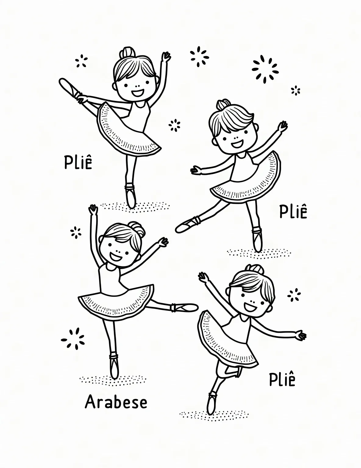 Ballet Warm-Up Exercises Coloring Page -- prompt: "black lines only Playful ballet figures demonstrate warm-up exercises in a coloring book style. Graceful dancers stretch, bend, and twirl amidst dotted lines and simple patterns. Each pose labeled with fun, bubbly text. Smiling faces and exaggerated movements create an inviting, joyful atmosphere for aspiring dancers. flat black lines, premium coloring page, coloring sheet, line drawing, Coloring Book, NO COLOR, NO SHADING, WHITE BACKGROUND. NO GRAY, BLACK AND WHITE, NO COLOR" -- This educational coloring page illustrates various ballet warm-up exercises. Multiple figures demonstrate different stretches and positions, each labeled with its name. This page is perfect for young dancers learning about ballet or anyone interested in the technical aspects of dance.