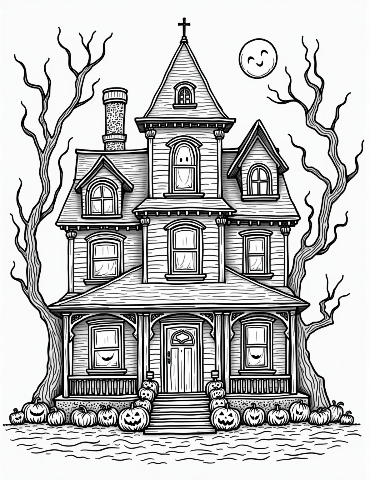 Spooky Haunted House -- prompt: "black lines only Victorian haunted house line drawing: crooked windows, twisted chimneys, gnarled trees. Porch adorned with grinning Jack-o'-lanterns. Playful ghost shapes peek from behind curtains. Exaggerated architectural details, swirling vines, and a crescent moon. Perfect for coloring enthusiasts seeking spooky fun. flat black lines, premium coloring page, coloring sheet, line drawing, Coloring Book, NO COLOR, NO SHADING, WHITE BACKGROUND. NO GRAY, BLACK AND WHITE, NO COLOR" -- Explore a classic Halloween scene with this detailed coloring page of a haunted house. The page features a Victorian-style mansion with eerie windows, twisted trees, and Jack-o'-lanterns on the porch. This more complex design is ideal for older children and adults who enjoy intricate coloring projects.