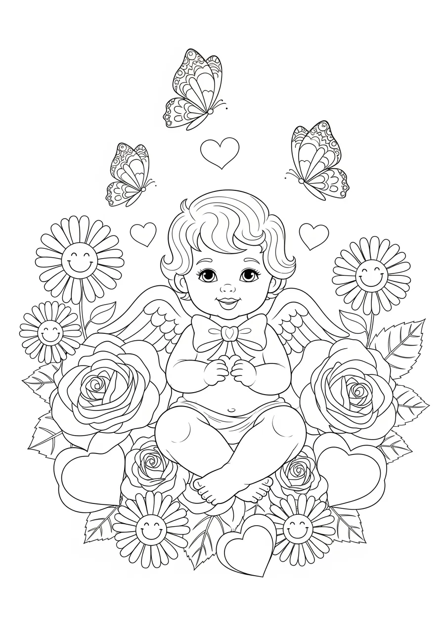 Cupid's Garden of Hearts Coloring Page -- prompt: "black lines only Cheerful Cupid with bow and arrow sits cross-legged in blooming garden, surrounded by large heart-shaped roses and daisies, playful butterflies with patterned wings flutter overhead, thick black outlines, simple shapes perfect for coloring flat black lines, premium coloring page, coloring sheet, line drawing, Coloring Book, NO COLOR, NO SHADING, WHITE BACKGROUND. NO GRAY, BLACK AND WHITE, NO COLOR" -- This enchanting coloring page features cupid sitting in a magical garden surrounded by heart-shaped flowers and butterflies. The detailed design includes intricate floral patterns and swirling vines that create a romantic fairy-tale atmosphere. Perfect for older kids and adults who enjoy detailed coloring projects with a Valentine's theme.