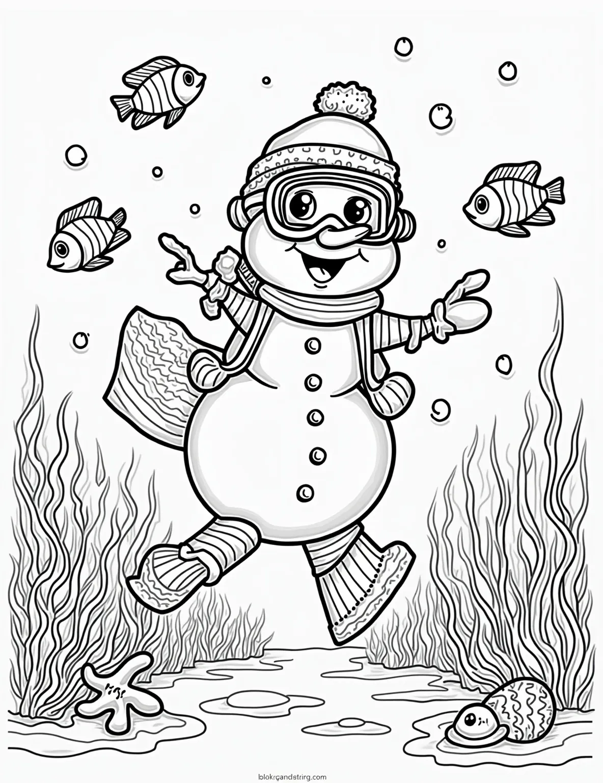 Snowman Scuba Diver Coloring Page -- prompt: "black lines only Cheerful snowman in scuba mask, snorkel, and oversized flippers, floating amidst vibrant coral reef. Playful fish dart around, seaweed sways. Bold outlines perfect for coloring. Bubbles rise from snorkel. Starfish clings to coral. Treasure chest nestled in sand. flat black lines, premium coloring page, coloring sheet, line drawing, Coloring Book, NO COLOR, NO SHADING, WHITE BACKGROUND. NO GRAY, BLACK AND WHITE, NO COLOR" -- Dive into adventure with this unique coloring page! It depicts a snowman scuba diver exploring an underwater world. Surrounded by curious fish and coral reefs, this frosty explorer shows that snowmen can have fun under the sea too!