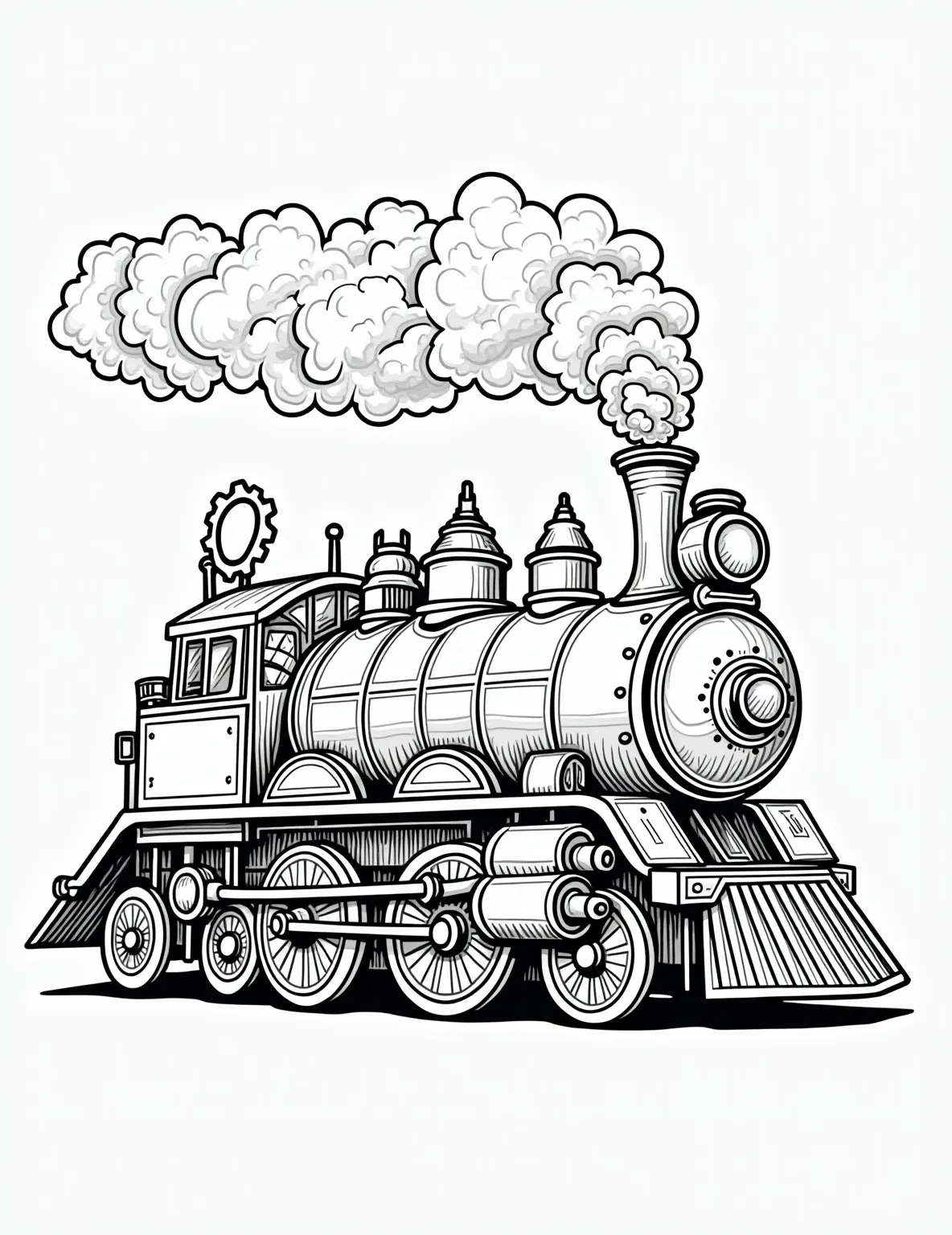 Steampunk Locomotive Car Hybrid -- prompt: "black lines only Whimsical steampunk hybrid: locomotive-car fusion. Bold outlines showcase brass gears, twisting pipes, billowing smoke stacks. Chunky wheels, riveted panels, oversized valves. Playful steam clouds, cogs, and whistles dance around. Perfect for imaginative coloring adventures in a fantastical mechanical world. flat black lines, premium coloring page, coloring sheet, line drawing, Coloring Book, NO COLOR, NO SHADING, WHITE BACKGROUND. NO GRAY, BLACK AND WHITE, NO COLOR" -- Dive into an alternate Victorian world with this imaginative steampunk creation. This intricate coloring page showcases a fantastic vehicle that merges a steam locomotive with a car, adorned with brass fittings, gears, and billowing smoke stacks. Adult coloring enthusiasts will appreciate the detailed design and the opportunity to bring this unique machine to life.