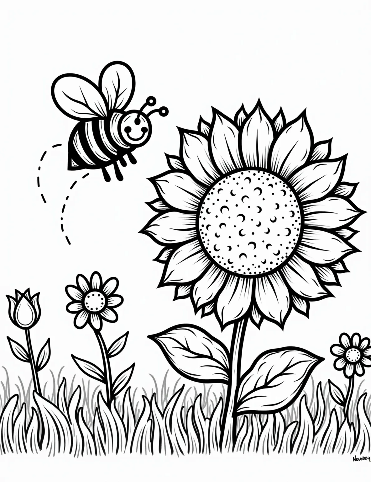 Busy Bee on a Flower Coloring Page -- prompt: "black lines only Cheerful cartoon bumble bee with exaggerated features buzzes around oversized sunflower. Bold black outlines define petals, leaves, and bee's stripes. Garden backdrop with simple flowers and grass. Empty spaces invite coloring. Playful scene encourages creativity and imagination. Coloring book page designed for flat black lines, premium coloring page, coloring sheet, line drawing, Coloring Book, NO COLOR, NO SHADING, WHITE BACKGROUND. NO GRAY, BLACK AND WHITE, NO COLOR" -- Create a buzz with this detailed bee coloring page. The industrious insect perched on a blooming flower showcases the important role bees play in nature. Perfect for teaching about pollinators and the beauty of small creatures.