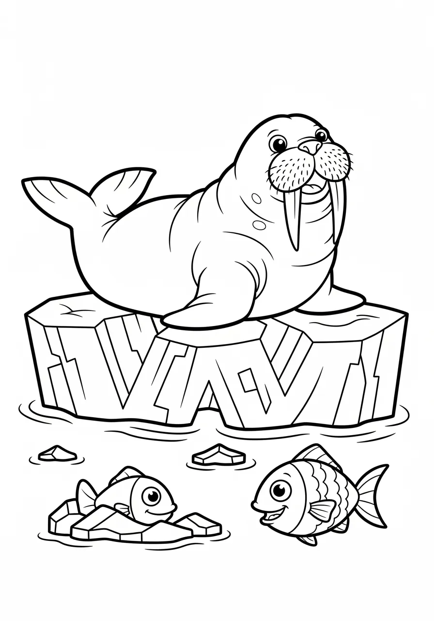 Waddling Walrus's Watery Wonderland Coloring Page -- prompt: "black lines only Cheerful cartoon walrus with prominent tusks lounging across ice floes forming perfect W-shape, surrounded by bold black outlines, simple geometric patterns, smiling arctic fish swimming beneath crystal-clear waters, designed for easy coloring with large spaces flat black lines, premium coloring page, coloring sheet, line drawing, Coloring Book, NO COLOR, NO SHADING, WHITE BACKGROUND. NO GRAY, BLACK AND WHITE, NO COLOR" -- Dive into Arctic fun with this delightful 'W' coloring page featuring a friendly walrus! The walrus rests on ice floes arranged in a W pattern while fish swim playfully beneath the surface. This cool scene teaches children about Arctic marine life while making the letter W memorable through this whiskered character's charm.