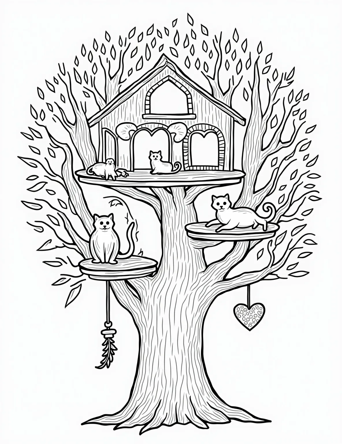 Cat's Treehouse Paradise Coloring Page -- prompt: "black lines only Playful line-art treehouse for felines, sprawling across thick tree branches. Multiple levels feature curvy scratching posts, cozy hammocks, and dangling toys. Smiling cats peek from windows and lounge on platforms. Bold outlines perfect for coloring, set against a background of leafy patterns. flat black lines, premium coloring page, coloring sheet, line drawing, Coloring Book, NO COLOR, NO SHADING, WHITE BACKGROUND. NO GRAY, BLACK AND WHITE, NO COLOR" -- Climb into a world of feline fun with this elaborate cat treehouse coloring page. Featuring multiple levels, cozy nooks, and playful elements, this treehouse is every cat's dream come true. This detailed scene is perfect for both kids and adults who enjoy intricate designs and imaginative settings.