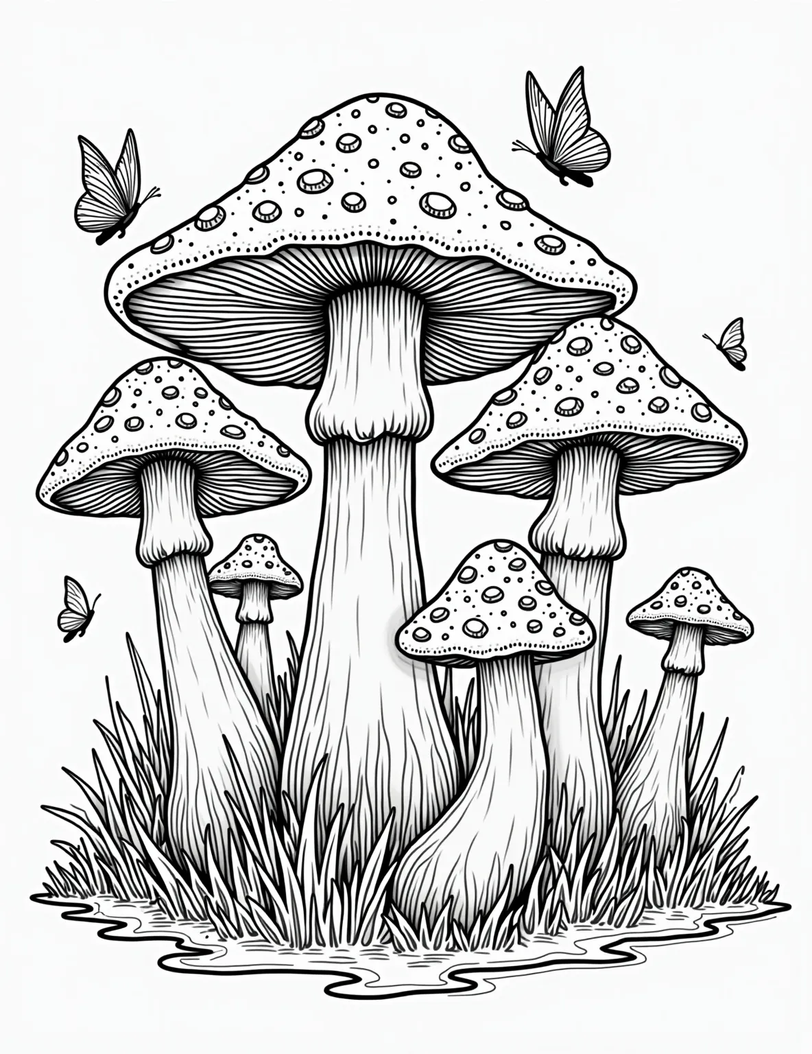 Mushroom-Themed Zentangle -- prompt: "black lines only Playful coloring page featuring oversized mushroom silhouettes. Stems adorned with swirls, caps filled with geometric patterns. Fairy rings, gnomes, and woodland creatures hide among fungi. Bold outlines perfect for coloring. Whimsical forest floor scene sparks imagination and creativity. Fun, child-friendly design flat black lines, premium coloring page, coloring sheet, line drawing, Coloring Book, NO COLOR, NO SHADING, WHITE BACKGROUND. NO GRAY, BLACK AND WHITE, NO COLOR" -- For those who love intricate patterns, this mushroom-themed zentangle offers a meditative coloring experience. Various mushroom silhouettes are filled with complex doodle patterns, creating a harmonious and detailed design that's perfect for stress relief and focus.