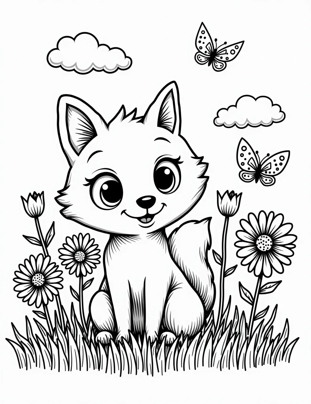 Playful Fox Kit Exploring a Meadow -- prompt: "black lines only Adorable baby fox with wide eyes and fluffy tail, outlined in bold black strokes. Surrounded by oversized daisies, tulips, and sunflowers with thick petals. Butterflies with dotted wings flutter nearby. Simple, chunky shapes perfect for coloring. Cheerful meadow scene with grass tufts and puffy clouds. flat black lines, premium coloring page, coloring sheet, line drawing, Coloring Book, NO COLOR, NO SHADING, WHITE BACKGROUND. NO GRAY, BLACK AND WHITE, NO COLOR" -- This adorable coloring page features a curious fox kit taking its first steps in a lush meadow. Surrounded by wildflowers and butterflies, the young fox's expression is full of wonder and excitement. This page is perfect for capturing the innocence and charm of baby animals in nature.