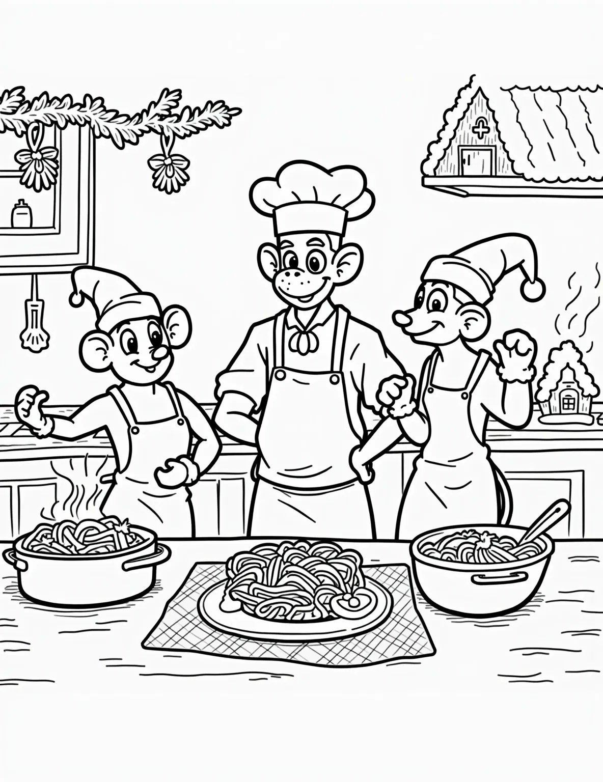 Ratatouille's Christmas Feast -- prompt: "black lines only Adorable Remy orchestrates Christmas feast in cheerful kitchen. Linguini and playful rats assist, wearing Santa hats. Bold outlines define characters, cookware, and festive decorations. Simple shapes and patterns ideal for coloring. Joyful scene captures holiday spirit, perfect for all ages. flat black lines, premium coloring page, coloring sheet, line drawing, Coloring Book, NO COLOR, NO SHADING, WHITE BACKGROUND. NO GRAY, BLACK AND WHITE, NO COLOR" -- Remy the rat chef prepares an elaborate Christmas dinner in Gusteau's kitchen. Linguini assists while other rats taste-test the dishes. The kitchen is festively decorated with garlands and a small tree. This coloring page celebrates the joy of cooking during the holidays.