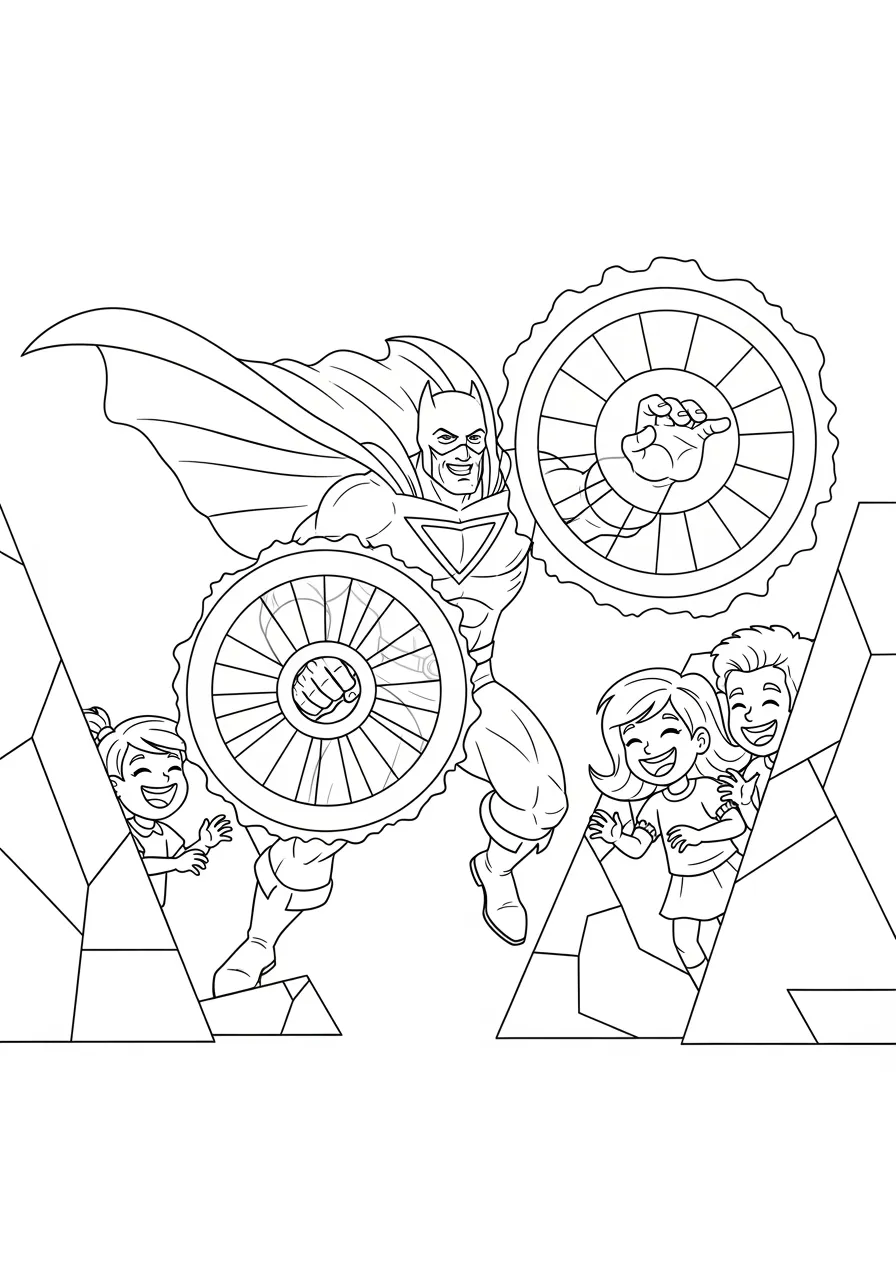 Energy Shield Hero Deflecting Attacks Coloring Page -- prompt: "black lines only Bold superhero with cape flowing creates large circular energy shields with radiating lines, protecting smiling children behind geometric barriers, simple black outlines on white background, coloring book page flat black lines, premium coloring page, coloring sheet, line drawing, Coloring Book, NO COLOR, NO SHADING, WHITE BACKGROUND. NO GRAY, BLACK AND WHITE, NO COLOR" -- Watch this brave superhero create brilliant energy shields to protect innocent people from incoming attacks. The hero stands protectively with glowing barriers radiating outward while dangerous projectiles bounce harmlessly away. Kids will have fun choosing bright, glowing colors to make these protective shields shine and sparkle.