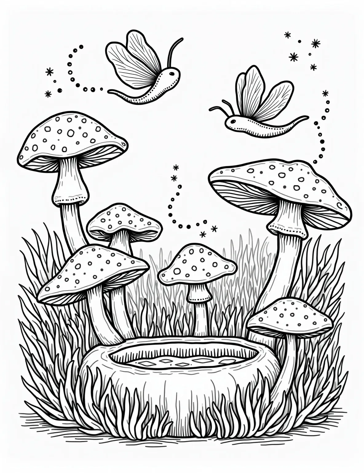 Mushroom Fairy Ring -- prompt: "black lines only Enchanted fairy ring coloring page: Bold outlines of toadstools form a perfect circle. Delicate fairy silhouettes pirouette inside, their wings spread wide. Stylized fireflies with dotted trails hover above. Whimsical mushroom houses and curling ferns surround the magical scene. Simple, charming lines flat black lines, premium coloring page, coloring sheet, line drawing, Coloring Book, NO COLOR, NO SHADING, WHITE BACKGROUND. NO GRAY, BLACK AND WHITE, NO COLOR" -- Discover the magic of a mushroom fairy ring in this enchanting coloring page. A perfect circle of toadstools surrounds a group of tiny fairies dancing in the moonlight. Fireflies and stars add a touch of sparkle to this nocturnal scene.