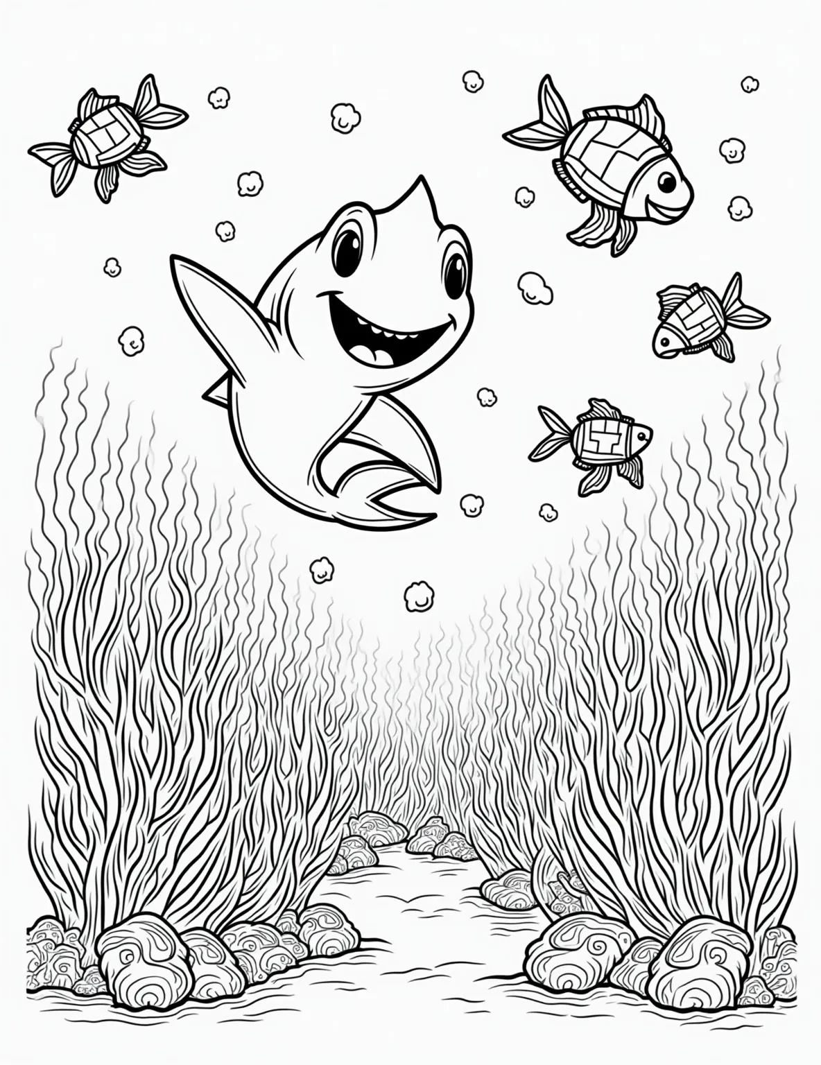 Shark's Coral Reef Home -- prompt: "black lines only Playful reef shark navigates through vibrant coral maze. Chunky outlines frame colorful fish, swirling seaweed, and grinning sea turtles. Bold patterns adorn coral formations. Empty spaces await creative coloring. Cheerful underwater scene invites imagination and relaxation. Child-friendly design with simple shapes flat black lines, premium coloring page, coloring sheet, line drawing, Coloring Book, NO COLOR, NO SHADING, WHITE BACKGROUND. NO GRAY, BLACK AND WHITE, NO COLOR" -- Explore the vibrant world of coral reefs with this detailed marine life coloring page. It showcases a shark swimming through a bustling coral reef, surrounded by colorful fish, sea turtles, and various coral formations. This intricate design is great for nature lovers of all ages.