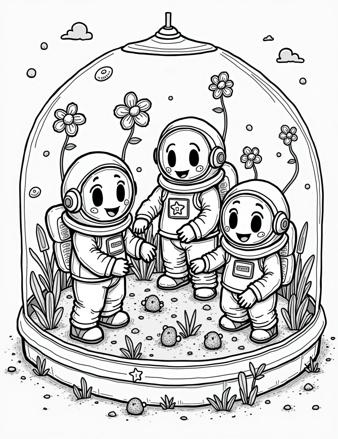 Space Garden -- prompt: "black lines only Cheerful astronauts in simplified spacesuits tend to bulbous, cartoon-like plants in a rounded space station greenhouse. Thick outlines define floating seedpods, curly vines, and star-shaped flowers. Oversized buttons, dials, and whimsical gardening tools float nearby. Bold, simple shapes flat black lines, premium coloring page, coloring sheet, line drawing, Coloring Book, NO COLOR, NO SHADING, WHITE BACKGROUND. NO GRAY, BLACK AND WHITE, NO COLOR" -- Combine nature and technology with this charming space garden coloring page. The scene shows astronauts tending to plants in a specialized greenhouse module on a space station. It's a delightful way to explore the concept of sustaining life in space.