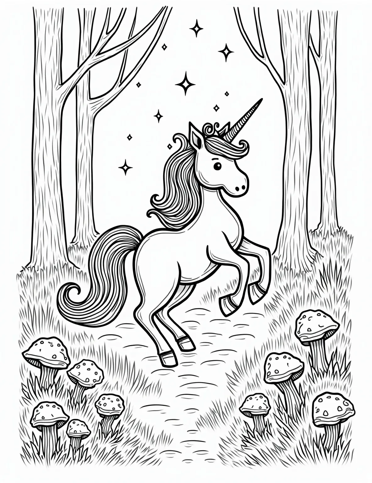 Rainbow Unicorn Fantasy Coloring Page -- prompt: "black lines only Playful unicorn with flowing rainbow mane gallops through enchanted forest. Starry sky twinkles above. Thick outlines define magical creatures, flora. Swirling patterns adorn trees. Mushrooms, flowers dot ground. Coloring book page invites imagination. Whimsical scene awaits vibrant hues. flat black lines, premium coloring page, coloring sheet, line drawing, Coloring Book, NO COLOR, NO SHADING, WHITE BACKGROUND. NO GRAY, BLACK AND WHITE, NO COLOR" -- A majestic unicorn with a flowing rainbow mane and tail prances through a mystical forest. Sparkles and stars surround the unicorn, adding to the magical ambiance. This page is perfect for fans of fantasy and those who love combining rainbows with mythical creatures.