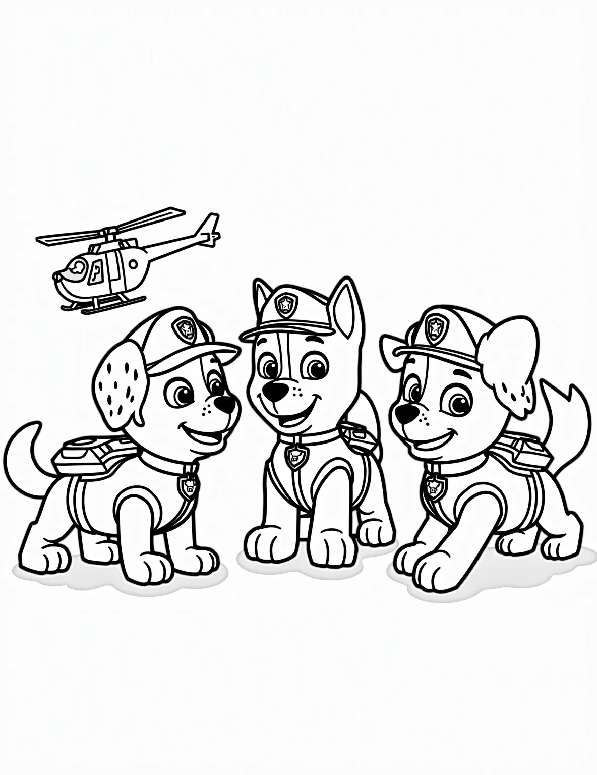 Paw Patrol vs. Mayor Humdinger -- prompt: "black lines only Paw Patrol pups face off against Mayor Humdinger and mischievous kittens in a bold, black-outlined coloring page. Chase's police badge contrasts Humdinger's top hat. Playful scenes unfold around them—Marshall's firetruck, Skye's helicopter, and kittens causing chaos. Simple shapes and patterns create an engaging, kid-friendly standoff scene. flat black lines, premium coloring page, coloring sheet, line drawing, Coloring Book, NO COLOR, NO SHADING, WHITE BACKGROUND. NO GRAY, BLACK AND WHITE, NO COLOR" -- It's the Paw Patrol team versus their arch-nemesis in this action-packed coloring page! The scene depicts the pups facing off against Mayor Humdinger and his mischievous Kitten Catastrophe Crew. Each character's determined expression and dynamic pose make this page exciting to color. It's perfect for fans who enjoy the show's more adventurous episodes.