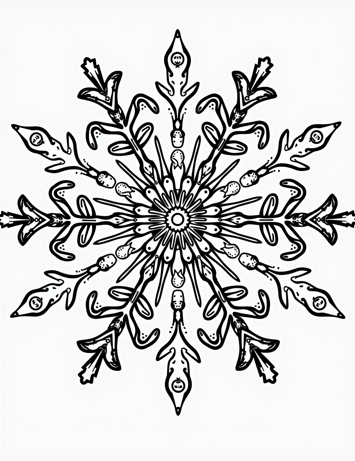 Geometric Snowflake Puzzle -- prompt: "black lines only Enchanting coloring page featuring a colossal snowflake. Intricate geometric shapes interlock like a jigsaw puzzle, forming delicate arms and a mesmerizing core. Bold outlines perfect for coloring, with playful swirls and hidden winter motifs throughout. Invites creativity and relaxation. Style: fun flat black lines, premium coloring page, coloring sheet, line drawing, Coloring Book, NO COLOR, NO SHADING, WHITE BACKGROUND. NO GRAY, BLACK AND WHITE, NO COLOR" -- Challenge your mind and steady your hand with this geometric snowflake puzzle. The page features a complex snowflake design made up of various geometric shapes. It's a great exercise in focus and precision coloring.