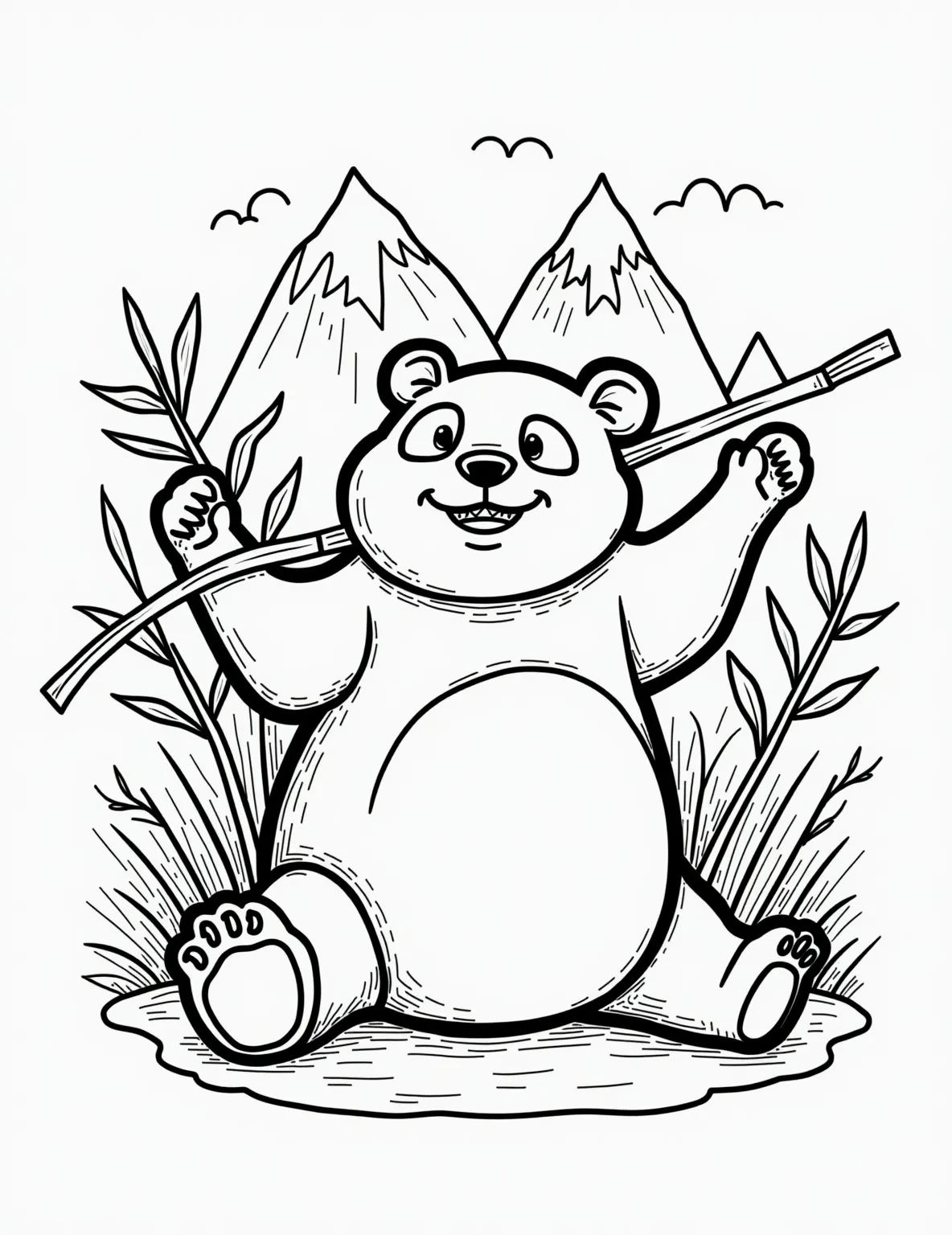 Playful Panda's Bamboo Feast Coloring Page -- prompt: "black lines only Adorable giant panda outline, thick black lines perfect for coloring. Panda munches bamboo stalks, surrounded by stylized bamboo forest. Misty mountains in background. Simple, bold shapes. Cute facial expression. Large areas for creative coloring. Fun, child-friendly design. Coloring book page style, black and white. flat black lines, premium coloring page, coloring sheet, line drawing, Coloring Book, NO COLOR, NO SHADING, WHITE BACKGROUND. NO GRAY, BLACK AND WHITE, NO COLOR" -- Indulge in cuteness with this delightful panda coloring page. The scene of a panda munching happily on bamboo stalks showcases the simple joys of these beloved bears. Perfect for those who appreciate endangered species and Asian wildlife.