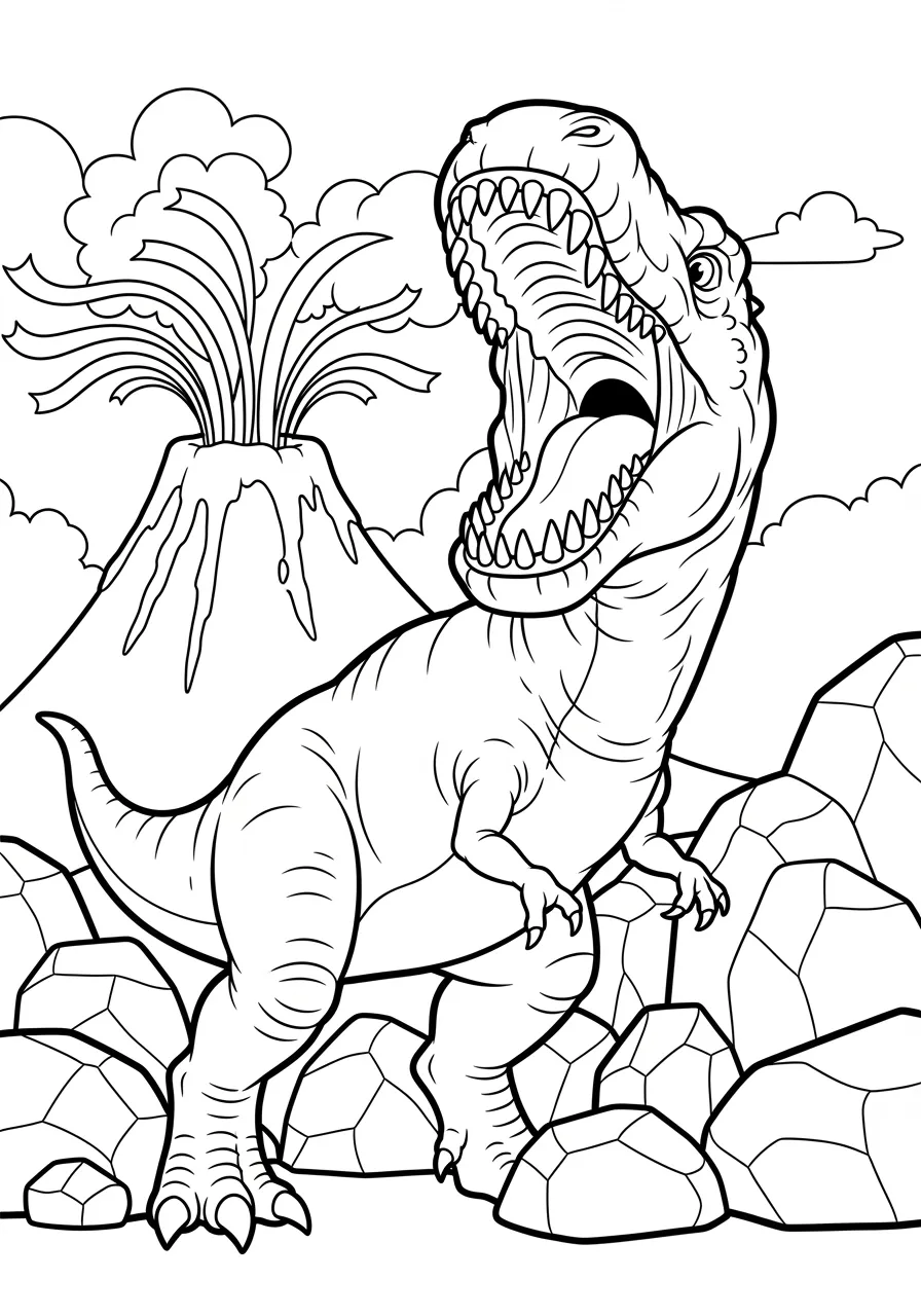 Fierce Allosaurus Battle Stance Coloring Page -- prompt: "black lines only Bold black outline Allosaurus roaring with open jaws, sharp teeth visible, standing on hind legs among chunky geometric rocks, simple volcano shapes with wavy smoke lines, thick contours perfect for children's coloring, clean cartoon style illustration flat black lines, premium coloring page, coloring sheet, line drawing, Coloring Book, NO COLOR, NO SHADING, WHITE BACKGROUND. NO GRAY, BLACK AND WHITE, NO COLOR" -- A powerful Allosaurus stands in an intimidating battle pose among jagged rocks and ancient volcanic terrain, showing off its razor-sharp teeth and muscular build. This detailed design offers adult colorists a chance to explore complex textures, dramatic shadows, and intricate anatomical features. The challenging composition provides hours of engaging coloring while showcasing one of the most formidable predators of the Jurassic period.