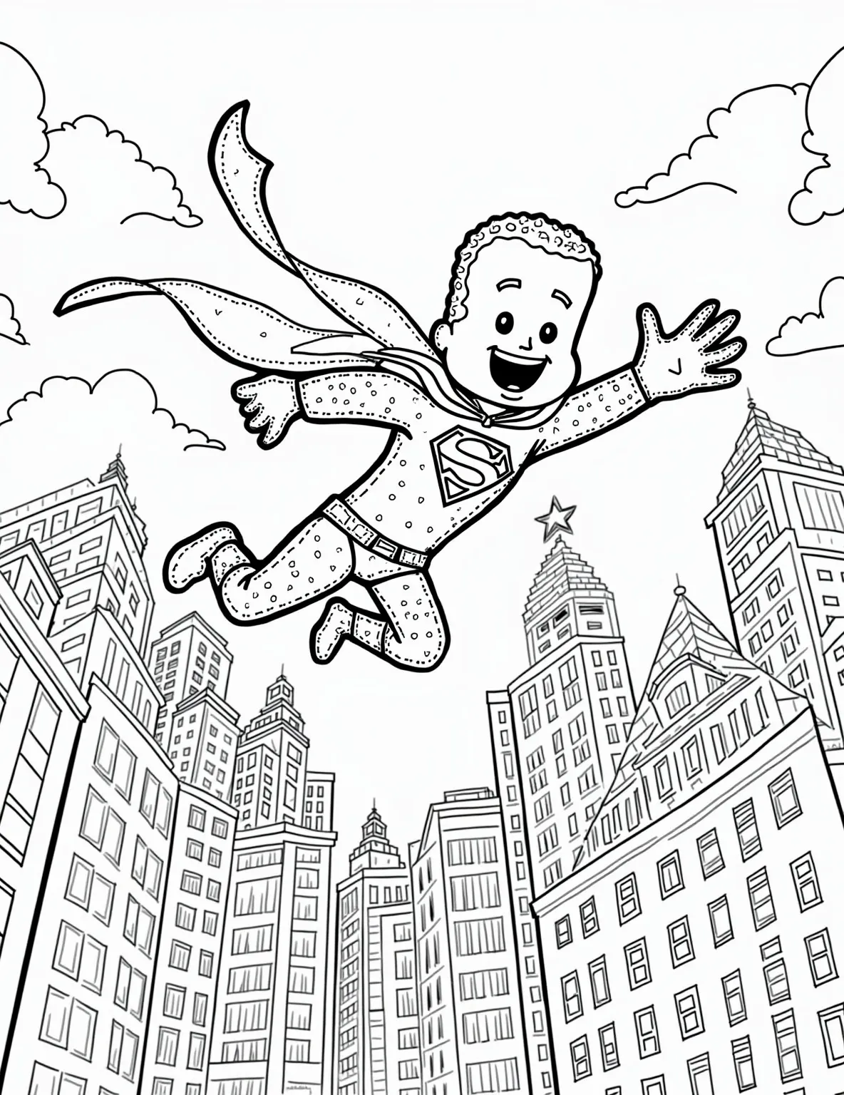 Gingerbread Superheroes Saving the Day Coloring Page -- prompt: "black lines only Gingerbread superheroes soar through a bold, outlined cityscape. Chunky buildings form a maze-like backdrop. Cookie-caped crusaders use frosting lasers and candy cane strength to rescue citizens. Simplified shapes and thick lines create an engaging, child-friendly coloring page design. flat black lines, premium coloring page, coloring sheet, line drawing, Coloring Book, NO COLOR, NO SHADING, WHITE BACKGROUND. NO GRAY, BLACK AND WHITE, NO COLOR" -- This action-packed coloring page showcases gingerbread men and women as superheroes. They're flying through a city skyline, using their super powers to help others. It's a fun, imaginative take on both the superhero and gingerbread man themes.