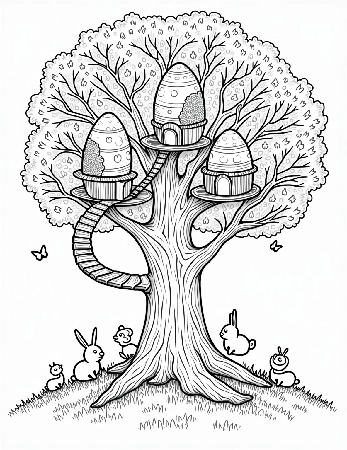 Easter Egg Treehouse Village -- prompt: "black lines only Enchanting Easter egg treehouses nestled in a sprawling oak, connected by delicate ribbon bridges. Bunnies, chicks, and butterflies frolic among blooming branches. Bold outlines define whimsical shapes, inviting colorful imagination. Empty spaces await vibrant hues in this springtime wonderland coloring page. flat black lines, premium coloring page, coloring sheet, line drawing, Coloring Book, NO COLOR, NO SHADING, WHITE BACKGROUND. NO GRAY, BLACK AND WHITE, NO COLOR" -- Explore a magical village where Easter eggs serve as whimsical treehouses in this detailed coloring page. Each egg house is uniquely decorated and connected by ribbon bridges. Bunnies, chicks, and other spring animals go about their daily lives in this enchanted community nestled in the branches of a giant tree.