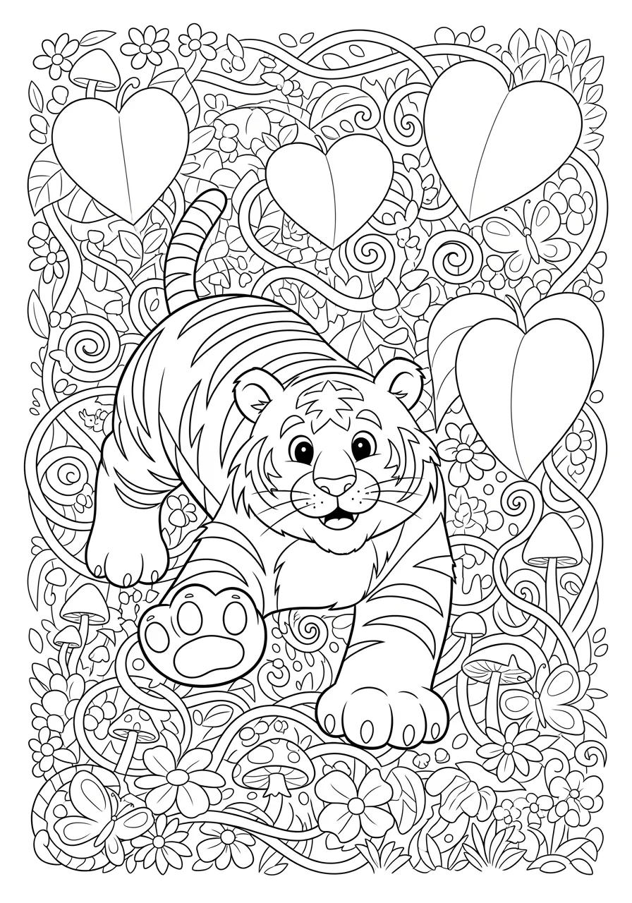 Detailed Tiger Prowling Through Jungle Coloring Page -- prompt: "black lines only Friendly cartoon tiger with bold black outlines prowling through jungle coloring page, thick vegetation borders, large tropical leaves, hanging vines, tree trunks, cheerful expression, simple geometric patterns, kid-friendly design, clear sections for coloring flat black lines, premium coloring page, coloring sheet, line drawing, Coloring Book, NO COLOR, NO SHADING, WHITE BACKGROUND. NO GRAY, BLACK AND WHITE, NO COLOR" -- This intricate adult-friendly coloring page features a powerful tiger stalking through dense jungle foliage. The complex patterns of the tiger's stripes and detailed background vegetation provide hours of meditative coloring. This page is ideal for discussing big cats and the importance of protecting endangered species.