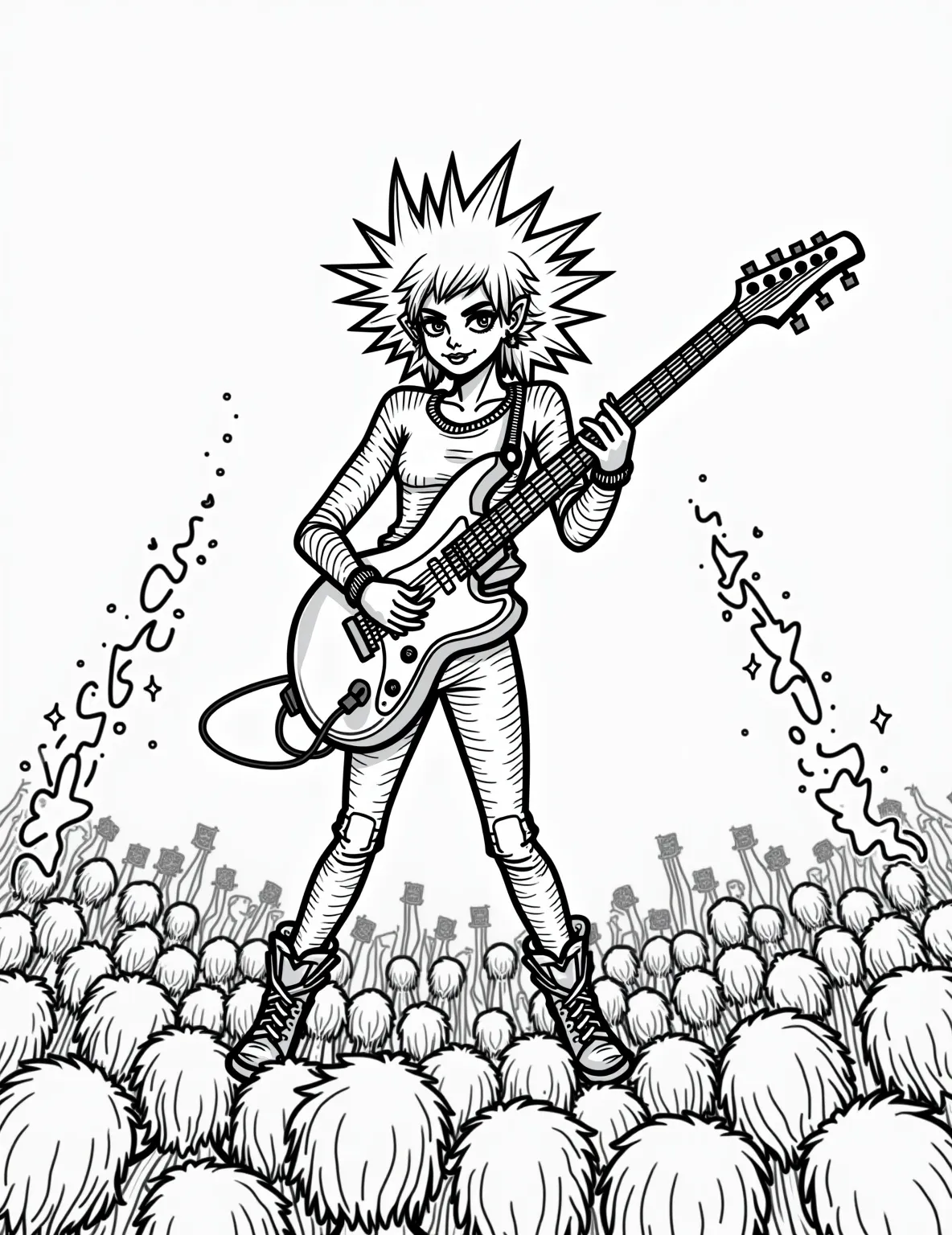 Rock Star Girl's Concert Performance -- prompt: "black lines only Bold, chunky outlines frame a dynamic girl rocker, her spiky hair and guitar strings vibrating with energy. Simplified crowd silhouettes and stylized stage lights surround her. Large, empty spaces await colorful creativity. Thick, wavy sound lines emanate from amplifiers. A fun, engaging coloring page for music lovers. flat black lines, premium coloring page, coloring sheet, line drawing, Coloring Book, NO COLOR, NO SHADING, WHITE BACKGROUND. NO GRAY, BLACK AND WHITE, NO COLOR" -- Unleash your inner rock star with this electrifying girl coloring page. Our young musician is captured mid-performance, strumming an electric guitar on stage. The background features adoring fans and stage lights, bringing the concert to life.