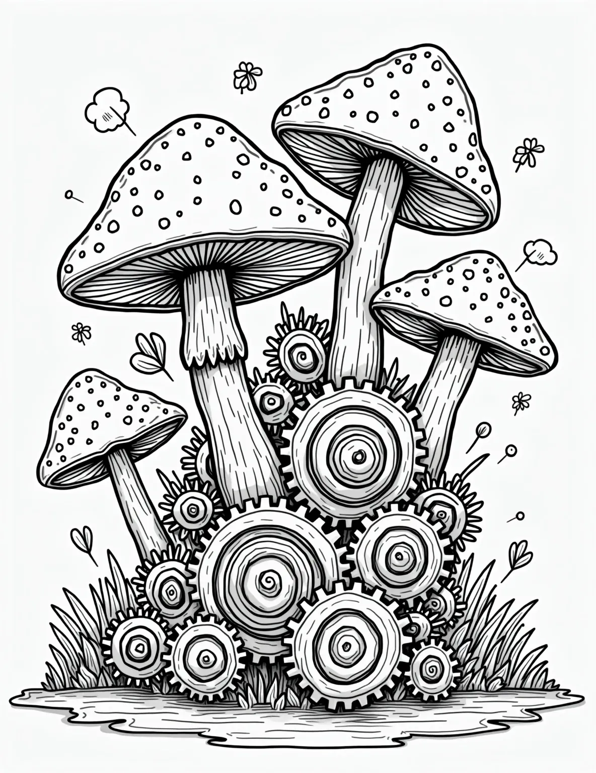 Mushroom-Powered Steampunk Machine -- prompt: "black lines only Playful steampunk contraption for coloring, featuring oversized cogs, spiraling pipes, and cartoonish valves. Giant, luminous mushrooms with polka-dot caps power the whimsical machine. Thick, bold outlines define each element, creating a delightful maze of mechanical wonder for creative coloring enthusiasts. flat black lines, premium coloring page, coloring sheet, line drawing, Coloring Book, NO COLOR, NO SHADING, WHITE BACKGROUND. NO GRAY, BLACK AND WHITE, NO COLOR" -- Imagine a world where mushrooms power fantastic machines! This steampunk-inspired coloring page features an intricate contraption with gears, pipes, and levers, all seemingly powered by oversized mushrooms. It's a unique blend of nature and retro-futuristic technology.