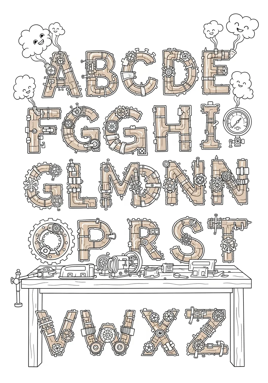 Steampunk Mechanical Alphabet Workshop Coloring Page -- prompt: "black lines only Fun coloring book page featuring steampunk alphabet letters constructed from bold-outlined gears, copper pipes, miniature steam engines, and brass machinery components scattered across a Victorian workshop table surrounded by pressure gauges releasing cheerful steam clouds flat black lines, premium coloring page, coloring sheet, line drawing, Coloring Book, NO COLOR, NO SHADING, WHITE BACKGROUND. NO GRAY, BLACK AND WHITE, NO COLOR" -- Gear up for this intricate adult coloring page featuring the alphabet constructed from elaborate steampunk machinery! Each letter is crafted from gears, pipes, steam engines, and brass fittings in a Victorian-inspired workshop setting. This complex design offers hours of detailed coloring for adults who appreciate industrial art and mechanical precision.