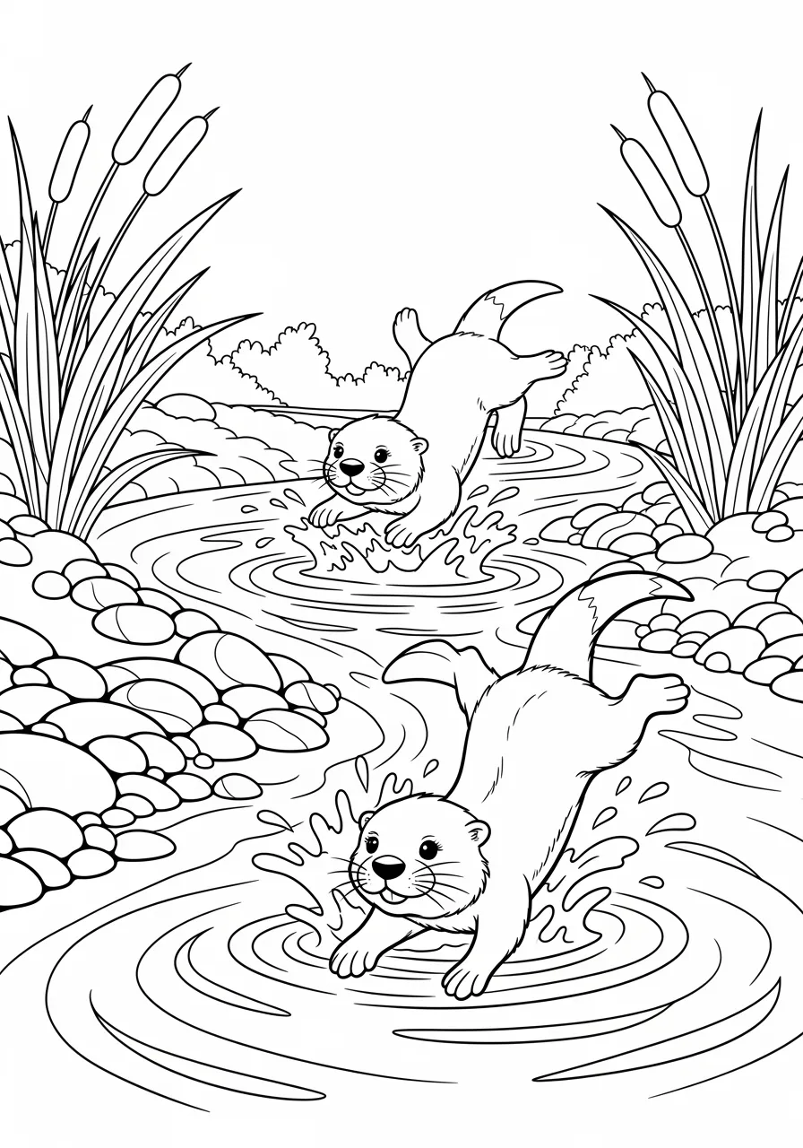 Playful Otters River Adventure Coloring Page -- prompt: "black lines only Two playful otters splashing joyfully in a babbling stream, surrounded by smooth river rocks and cattails. Bold black outlines define their sleek bodies and whiskers. Water ripples create simple geometric patterns perfect for creative coloring adventures. flat black lines, premium coloring page, coloring sheet, line drawing, Coloring Book, NO COLOR, NO SHADING, WHITE BACKGROUND. NO GRAY, BLACK AND WHITE, NO COLOR" -- These adorable otters are having the time of their lives playing in a bubbling stream. Their sleek bodies and playful expressions capture the joy these aquatic mammals bring to any water scene. This page is wonderful for teaching children about water conservation and animal habitats.