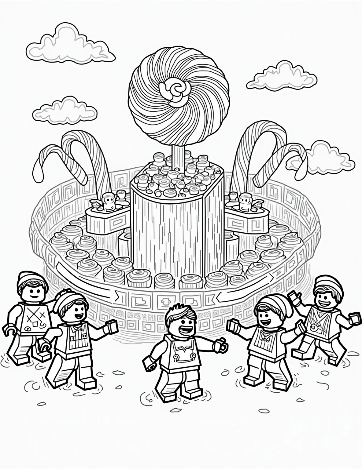 Lego Candy Factory Coloring Page -- prompt: "black lines only Lego candy factory coloring page: Cheerful minifigures operate whirring machines, rainbow conveyor belts carry lollipops and gummy bears. Oversized candy canes frame the scene, while a chocolate waterfall cascades in the background. Smiling Lego faces and swirling patterns fill empty spaces. flat black lines, premium coloring page, coloring sheet, line drawing, Coloring Book, NO COLOR, NO SHADING, WHITE BACKGROUND. NO GRAY, BLACK AND WHITE, NO COLOR" -- Indulge your sweet tooth with this delightful Lego candy factory coloring page. The whimsical scene showcases a Lego-style candy-making facility filled with colorful machines, conveyor belts of sweets, and cheerful worker minifigures. This page is a treat for both kids and adults, offering a fun and imaginative coloring experience that's sure to satisfy any craving for creativity.