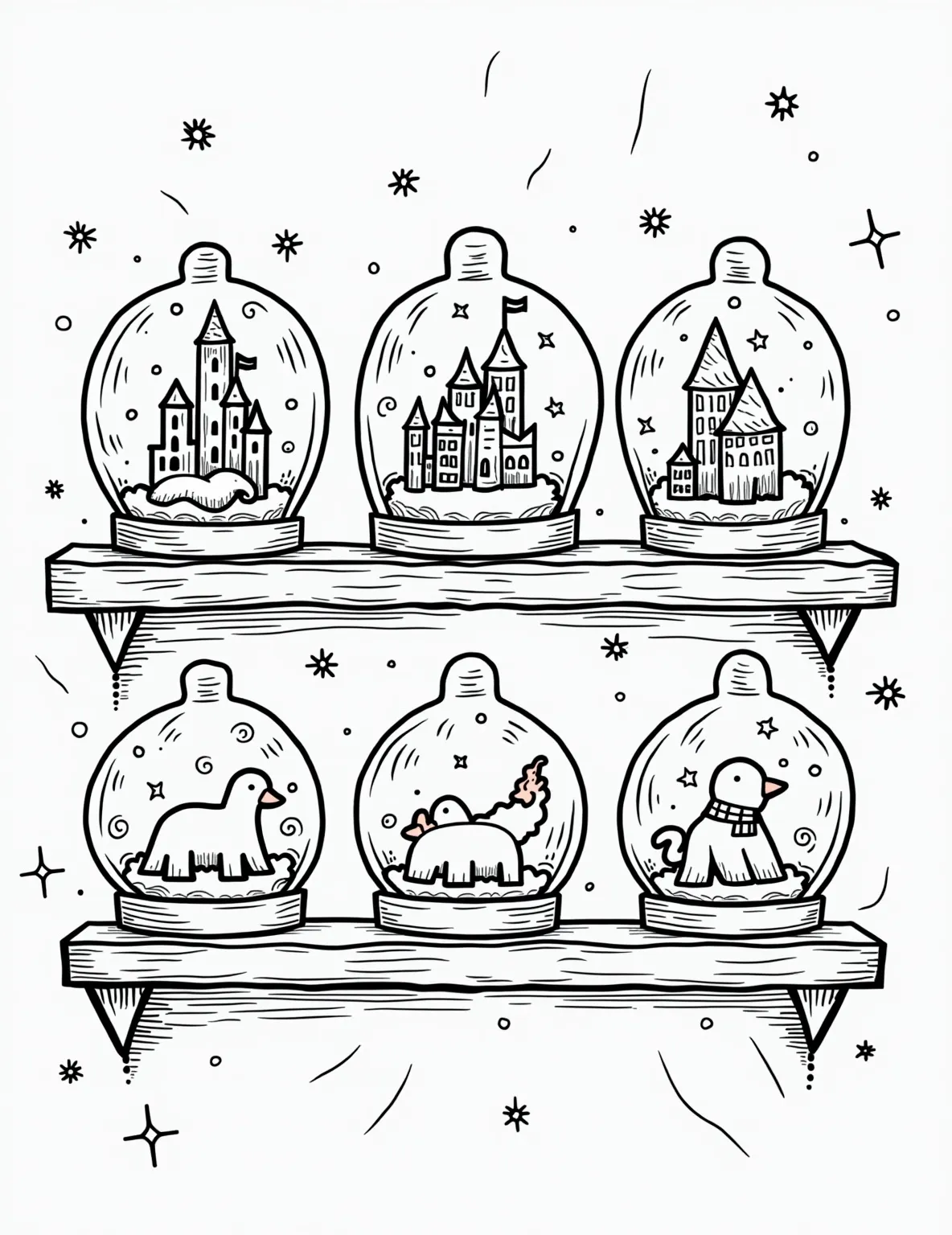 Snowflake Terrarium Collection -- prompt: "black lines only Playful coloring page featuring glass terrariums on a whimsical shelf. Each terrarium showcases a unique snowflake wonderland: ice castles, skiing penguins, and frolicking polar bears. Bold outlines and simple shapes invite creative coloring. Swirling patterns and cheerful snowflakes dance around the scene. flat black lines, premium coloring page, coloring sheet, line drawing, Coloring Book, NO COLOR, NO SHADING, WHITE BACKGROUND. NO GRAY, BLACK AND WHITE, NO COLOR" -- Bring the outdoors in with these charming snowflake terrariums. Each glass container holds a miniature winter scene crafted from snowflakes, creating delightful little worlds to color. It's perfect for those who love tiny, detailed coloring projects.