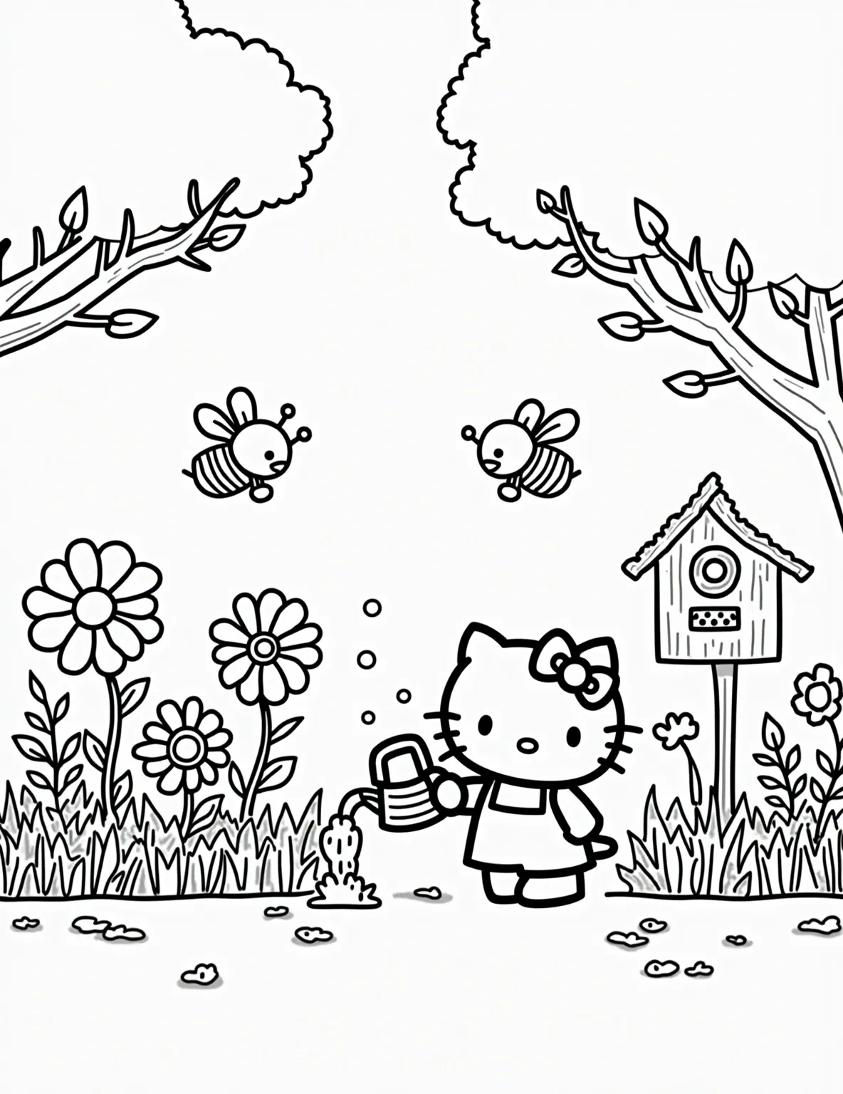 Hello Kitty's Garden Adventure -- prompt: "black lines only Hello Kitty, adorably simplified, tends to a cheerful garden. Thick, bold outlines define flowers, bees, and a quaint birdhouse. Watering can streams droplets. Tree branches curve playfully. Empty spaces invite coloring. Charming scene radiates joy, perfect for creative expression. flat black lines, premium coloring page, coloring sheet, line drawing, Coloring Book, NO COLOR, NO SHADING, WHITE BACKGROUND. NO GRAY, BLACK AND WHITE, NO COLOR" -- Hello Kitty is exploring a beautiful garden in this coloring page. She's watering flowers with a cute watering can, surrounded by blooming plants and buzzing bees. There's a little birdhouse in a tree, adding a whimsical touch to the scene. This page is perfect for nature lovers!