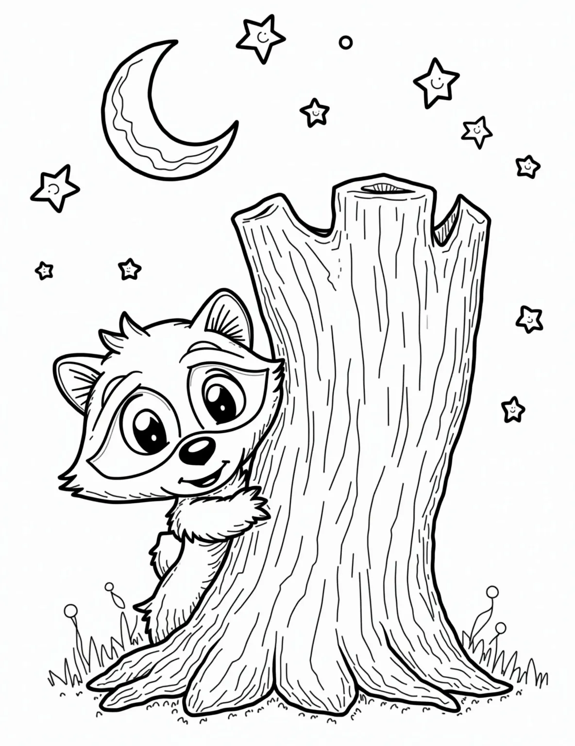 Mischievous Raccoon Coloring Page -- prompt: "black lines only Playful raccoon with exaggerated mask peeks around tree trunk. Bold outlines define cartoon-style scene. Crescent moon grins, stars twinkle as oversized dots. Night sky filled with swirling patterns. Perfect for coloring, each element distinct and fun to fill. Remember to complete flat black lines, premium coloring page, coloring sheet, line drawing, Coloring Book, NO COLOR, NO SHADING, WHITE BACKGROUND. NO GRAY, BLACK AND WHITE, NO COLOR" -- Explore the night with this charming raccoon coloring page. The clever creature peeking out from behind a tree trunk captures the curious and playful nature of these nocturnal animals. Ideal for those who appreciate woodland creatures and nighttime scenes.