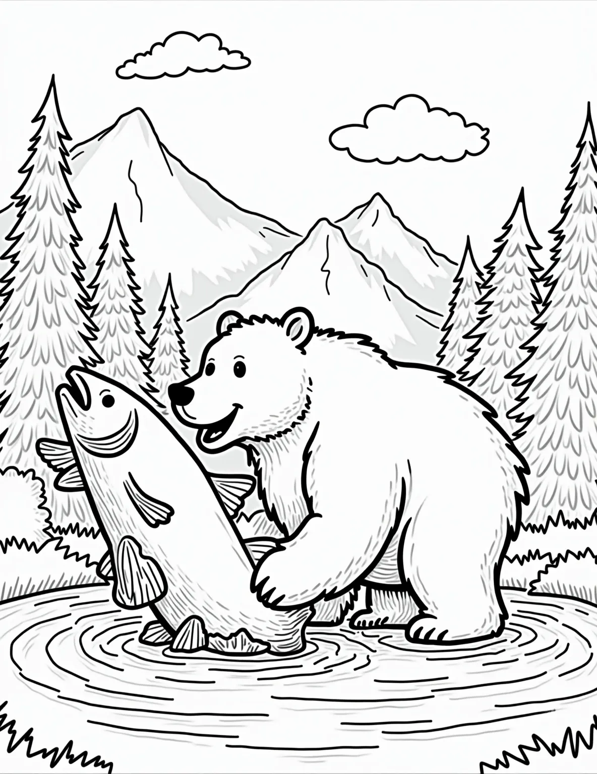 Grizzly's Salmon Leap -- prompt: "black lines only Playful coloring page: Chunky grizzly bear, paws outstretched, catching a cartoonish leaping salmon. Stylized river swirls below. Simplified pine trees and triangular mountains frame the scene. Bold outlines define each element, inviting creative coloring. Joyful wilderness adventure awaits young artists. flat black lines, premium coloring page, coloring sheet, line drawing, Coloring Book, NO COLOR, NO SHADING, WHITE BACKGROUND. NO GRAY, BLACK AND WHITE, NO COLOR" -- Experience the thrill of nature with this dynamic coloring page. A powerful grizzly bear stands in a rushing river, jaws open wide to catch a leaping salmon. The scene is set against a backdrop of misty mountains and dense forest, capturing the essence of wild bear behavior.