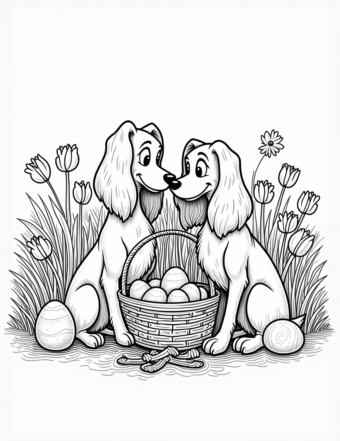 Lady and the Tramp's Romantic Easter Picnic -- prompt: "black lines only Adorable Lady and Tramp dogs share spaghetti picnic amidst oversized Easter eggs. Playful bunnies hop around stylized spring flowers. Bold outlines define heart-shaped basket filled with treats. Cheerful scene with simple shapes perfect for coloring book pages. Whimsical springtime flat black lines, premium coloring page, coloring sheet, line drawing, Coloring Book, NO COLOR, NO SHADING, WHITE BACKGROUND. NO GRAY, BLACK AND WHITE, NO COLOR" -- Lady and the Tramp share a sweet Easter moment in this charming coloring page. They're enjoying a romantic picnic surrounded by Easter eggs and spring blossoms. A heart-shaped Easter basket adds a touch of love to this delightful scene.