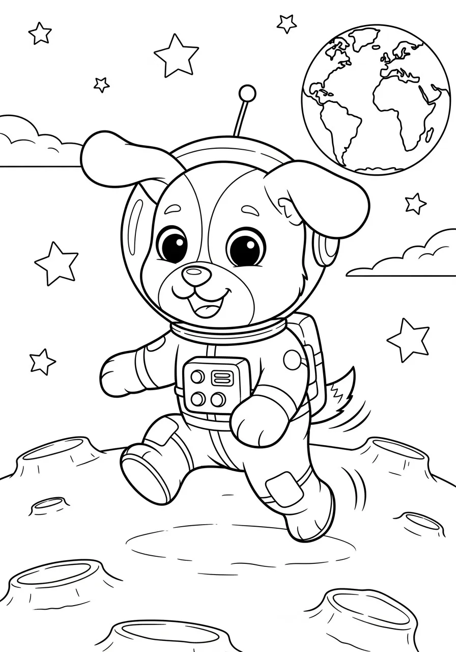 Puppy astronaut bouncing on the moon