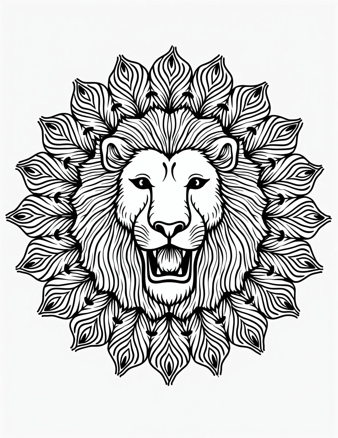 Lion Mandala -- prompt: "black lines only A majestic lion's face roars from the heart of a playful mandala. Bold outlines define swirling patterns, geometric shapes, and floral motifs radiating outward. Perfect for coloring, the design balances simplicity and complexity, inviting creativity with its mix of organic and structured elements. flat black lines, premium coloring page, coloring sheet, line drawing, Coloring Book, NO COLOR, NO SHADING, WHITE BACKGROUND. NO GRAY, BLACK AND WHITE, NO COLOR" -- This intricate coloring page features a lion's face at the center of a detailed mandala. The lion's features blend seamlessly into the symmetrical patterns of the mandala, creating a mesmerizing and challenging coloring experience.