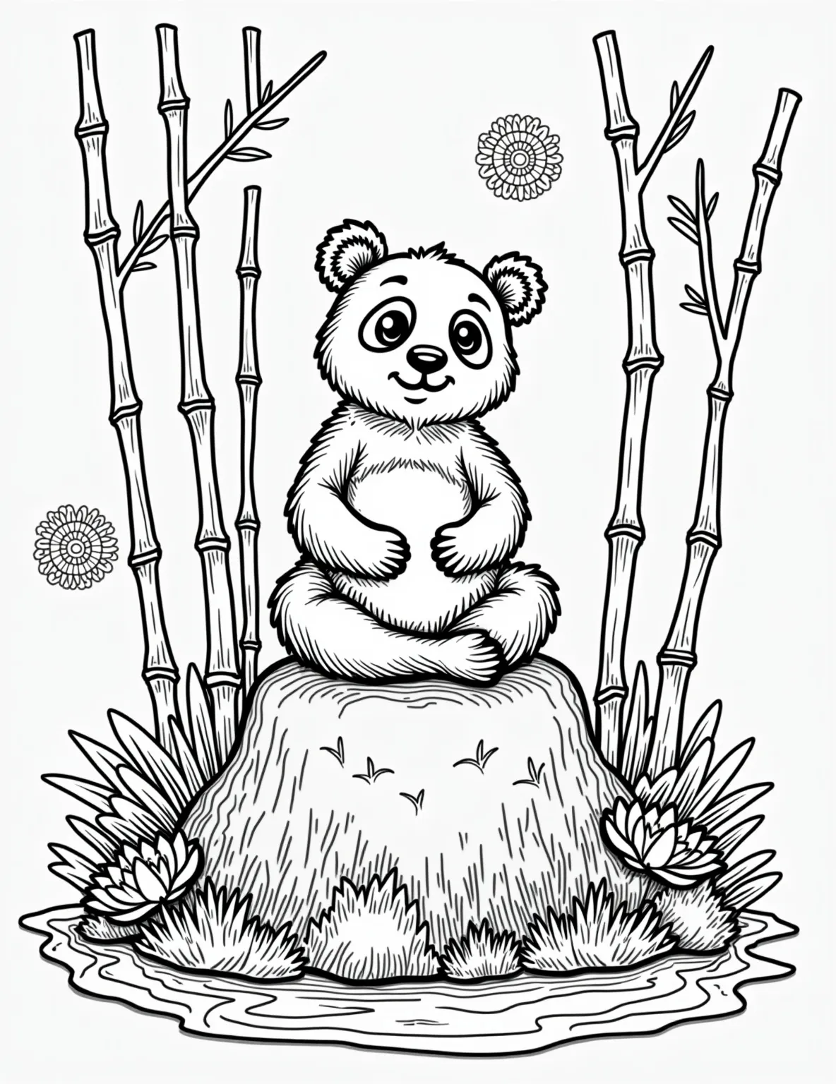 Meditating Zen Panda Coloring Page -- prompt: "black lines only Adorable panda bear in lotus position atop mossy rock. Thick-lined bamboo stalks frame scene. Stylized lotus flowers float nearby. Simple, bold outlines perfect for coloring. Zen garden atmosphere with playful touches. Mandala-inspired background adds meditative element. Cute expressions and flat black lines, premium coloring page, coloring sheet, line drawing, Coloring Book, NO COLOR, NO SHADING, WHITE BACKGROUND. NO GRAY, BLACK AND WHITE, NO COLOR" -- Find your inner peace with this serene coloring page of a panda in a meditative pose. The panda sits cross-legged atop a rocky outcrop, surrounded by bamboo and floating lotus flowers. This page offers a unique opportunity to blend the natural world with a touch of spirituality, perfect for those who enjoy mindful coloring.