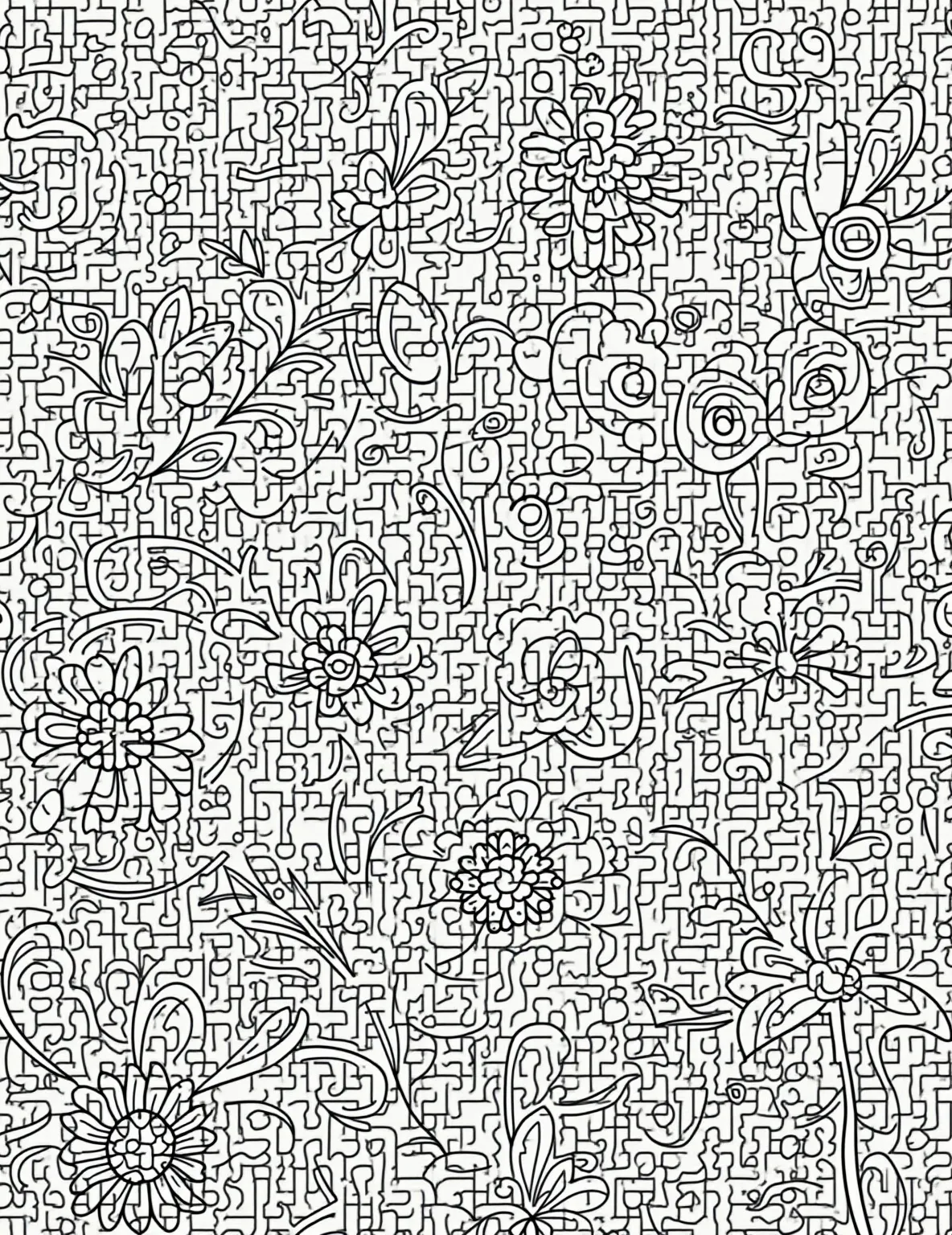 Floral Paisley Pattern -- prompt: "black lines only Swirling paisley patterns bloom with oversized flowers and leaves, perfect for coloring. Bold outlines frame delicate petals and curling tendrils. Mandala-inspired centers and geometric shapes intertwine, creating a playful garden maze. Hidden butterflies and ladybugs await discovery in this whimsical coloring page. flat black lines, premium coloring page, coloring sheet, line drawing, Coloring Book, NO COLOR, NO SHADING, WHITE BACKGROUND. NO GRAY, BLACK AND WHITE, NO COLOR" -- Dive into the world of intricate patterns with this floral paisley design coloring page. Swirling paisley shapes are filled with detailed flower and leaf motifs, creating a mesmerizing overall pattern. This page is perfect for those who love complex, repetitive designs and enjoy creating harmonious color schemes.