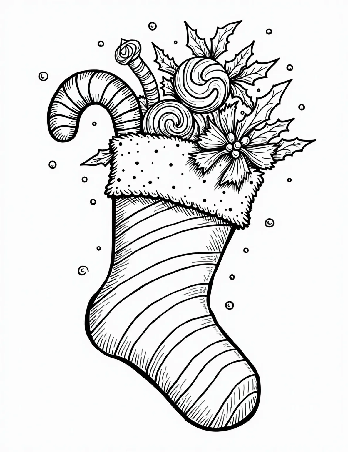 Candy Cane Stocking Coloring Page -- prompt: "black lines only Festive coloring page: oversized candy cane stocking with bold, swirling stripes. Peppermints, lollipops, and ribbon candy peek from top. Ornate curls and spirals adorn surface. Holly leaves frame edges. Dotted lines guide coloring. Joyful Christmas scene ready for creative expression. flat black lines, premium coloring page, coloring sheet, line drawing, Coloring Book, NO COLOR, NO SHADING, WHITE BACKGROUND. NO GRAY, BLACK AND WHITE, NO COLOR" -- This whimsical coloring page features a stocking designed like a giant candy cane. The stocking is adorned with swirling peppermint patterns and topped with a playful curl. Small candies and chocolates peek out from the top, adding a sweet touch to the design.