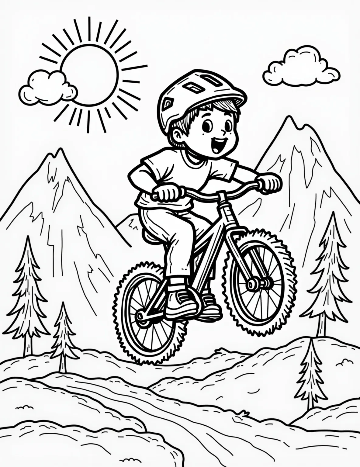 Extreme Mountain Biking Coloring Page -- prompt: "black lines only Exuberant boy soars mid-air on mountain bike, thick black outlines defining his gleeful expression. Rugged trail zigzags through simplified mountain shapes. Scenic background features stylized sun, clouds, and trees. Bold, chunky elements perfect for coloring. Empty spaces await vibrant hues. flat black lines, premium coloring page, coloring sheet, line drawing, Coloring Book, NO COLOR, NO SHADING, WHITE BACKGROUND. NO GRAY, BLACK AND WHITE, NO COLOR" -- Get ready for an adrenaline rush with this extreme mountain biking coloring page! It depicts a boy cyclist performing a daring jump on a challenging mountain trail. This page is perfect for boys who love outdoor sports and exciting adventures.