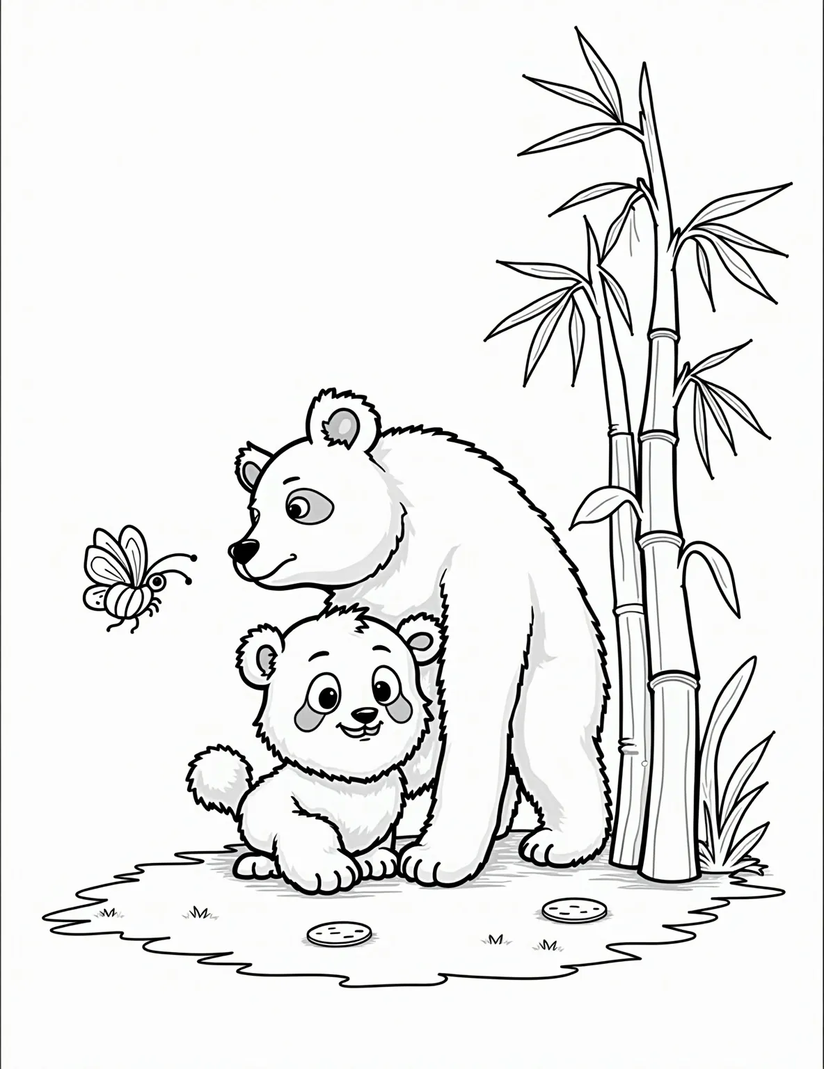 Baby Panda's First Steps Coloring Page -- prompt: "black lines only Adorable baby panda wobbles on chubby legs, taking first steps in bamboo clearing. Proud mama panda watches nearby, smiling. Bold outlines define fluffy fur, round ears, and bamboo stalks. Simple shapes and patterns create a charming scene perfect for coloring. Remember to complete flat black lines, premium coloring page, coloring sheet, line drawing, Coloring Book, NO COLOR, NO SHADING, WHITE BACKGROUND. NO GRAY, BLACK AND WHITE, NO COLOR" -- Capture a milestone moment with this heartwarming coloring page of a baby panda taking its first wobbly steps. The little cub is shown with an uncertain but determined expression, while its watchful mother stands nearby. This page is perfect for those who love cute and tender scenes, offering a chance to color both adult and baby pandas.