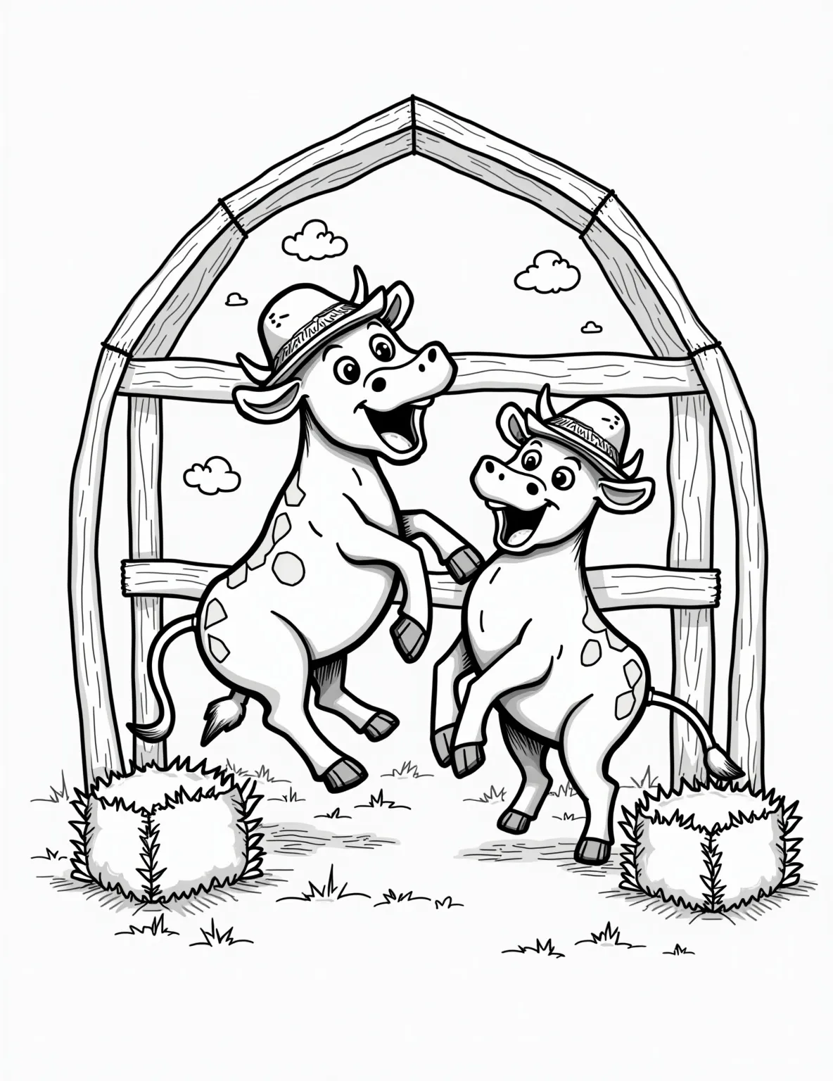 Barn Dance with Cows -- prompt: "black lines only Cheerful cartoon cows in a rustic barn, standing on hind legs. Bold outlines define their exaggerated features. Cowboy hats and boots add playful flair. Simple, clean shapes perfect for coloring. Hay bales and wooden beams frame the scene. Blank spaces invite creative coloring adventures. flat black lines, premium coloring page, coloring sheet, line drawing, Coloring Book, NO COLOR, NO SHADING, WHITE BACKGROUND. NO GRAY, BLACK AND WHITE, NO COLOR" -- This lively coloring page shows cows participating in a barn dance. The cows are standing on their hind legs, wearing cowboy hats and boots. The barn interior and other farm animals watching add to the festive atmosphere.